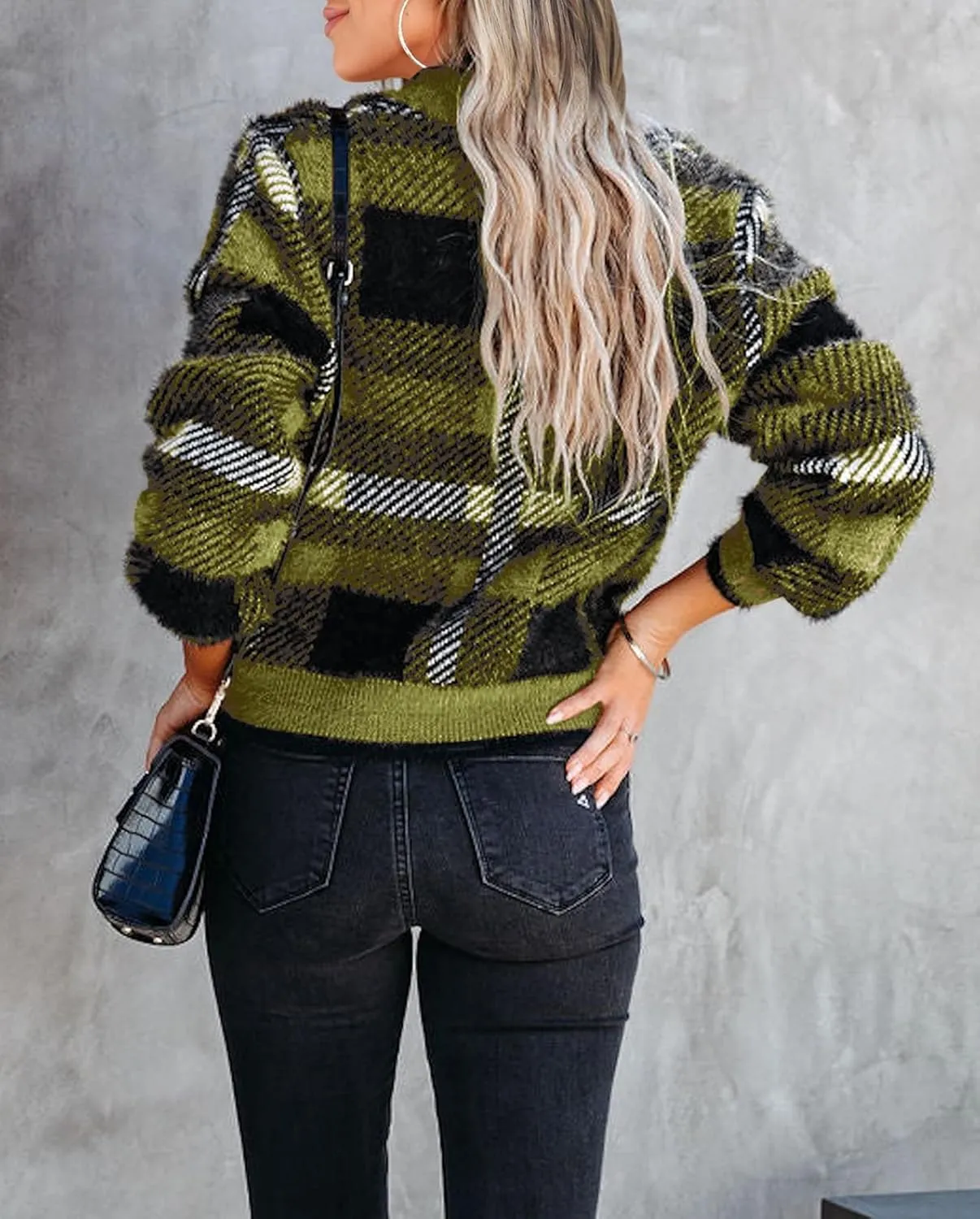 Imily Bela Womens Cardigan Sweaters Plaid Fuzzy Knit V Neck Button Down Long Sleeve Cozy Cardigans Pullover Tops