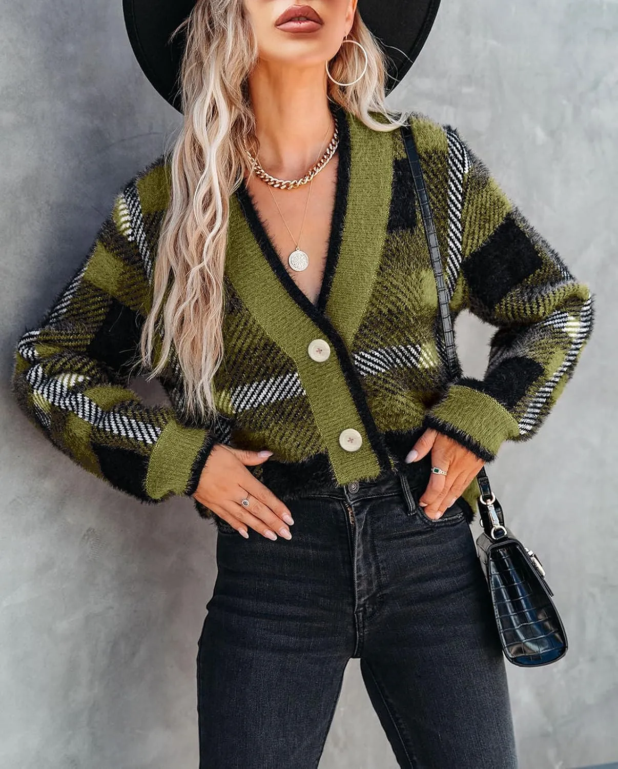 Imily Bela Womens Cardigan Sweaters Plaid Fuzzy Knit V Neck Button Down Long Sleeve Cozy Cardigans Pullover Tops