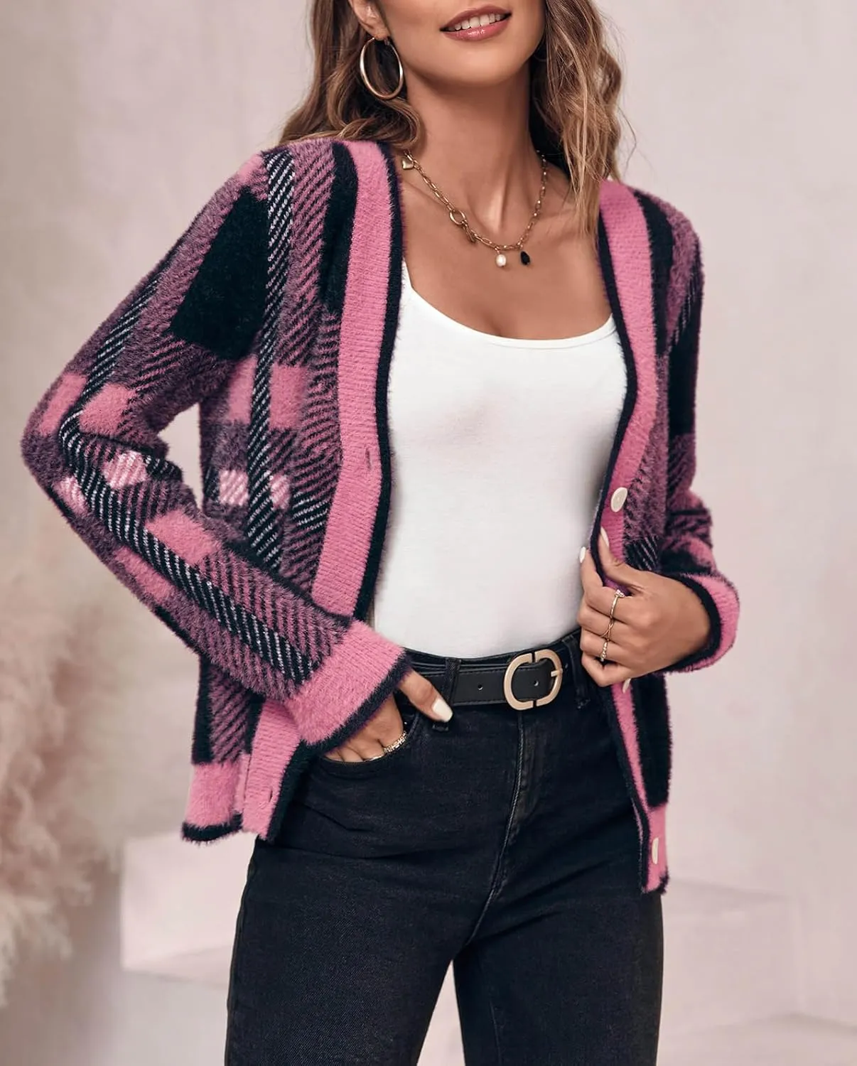 Imily Bela Womens Cardigan Sweaters Plaid Fuzzy Knit V Neck Button Down Long Sleeve Cozy Cardigans Pullover Tops