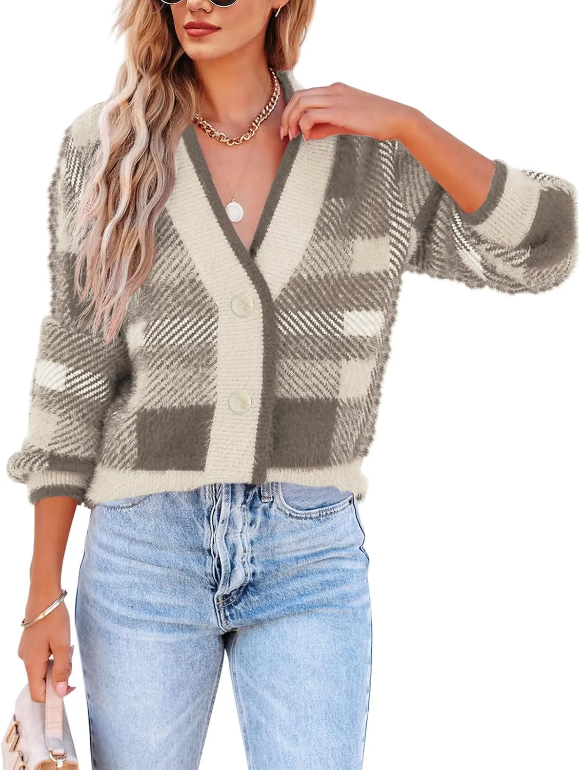 Imily Bela Womens Cardigan Sweaters Plaid Fuzzy Knit V Neck Button Down Long Sleeve Cozy Cardigans Pullover Tops