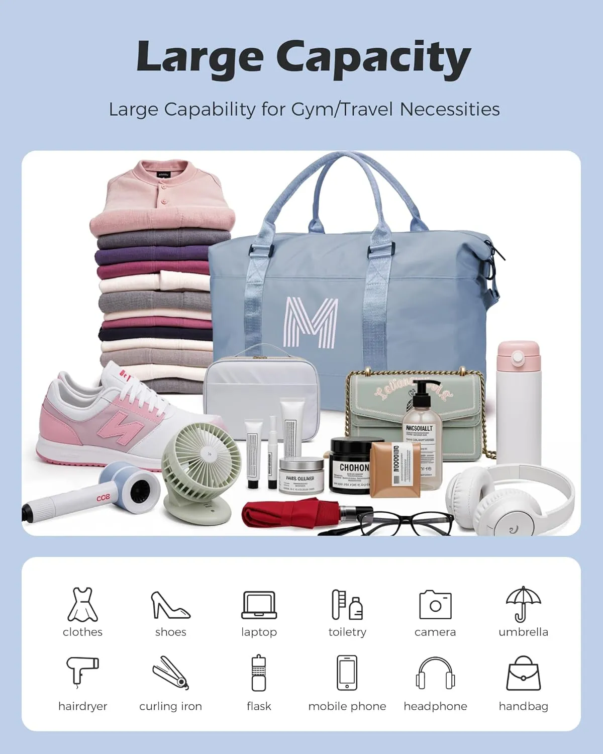 Initial Travel Duffel Bag, Sports Gym Bag, Personalized Weekender Bag with Shoulder Strap, Graduation Gift Monogram Overnight Bag for Women with Trolley Sleeve & Wet Pocket, Jewelblue