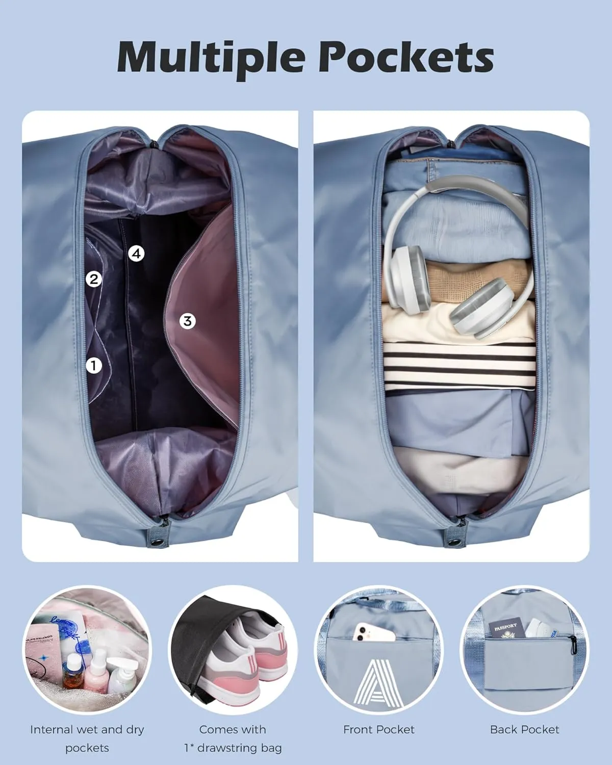 Initial Travel Duffel Bag, Sports Gym Bag, Personalized Weekender Bag with Shoulder Strap, Graduation Gift Monogram Overnight Bag for Women with Trolley Sleeve & Wet Pocket, Jewelblue