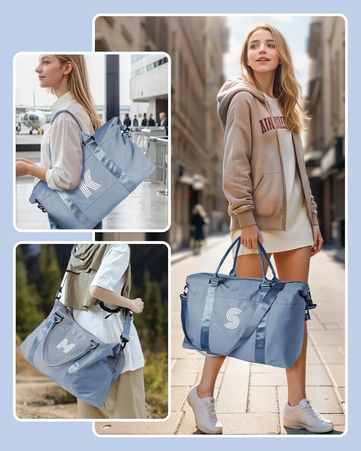 Initial Travel Duffel Bag, Sports Gym Bag, Personalized Weekender Bag with Shoulder Strap, Graduation Gift Monogram Overnight Bag for Women with Trolley Sleeve & Wet Pocket, Jewelblue
