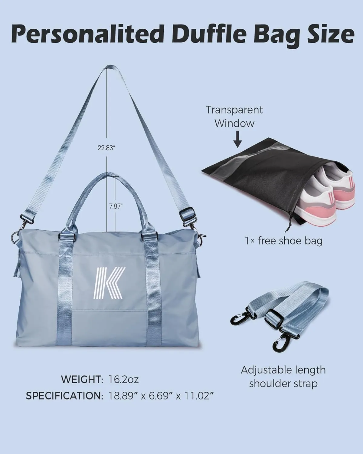 Initial Travel Duffel Bag, Sports Gym Bag, Personalized Weekender Bag with Shoulder Strap, Graduation Gift Monogram Overnight Bag for Women with Trolley Sleeve & Wet Pocket, Jewelblue