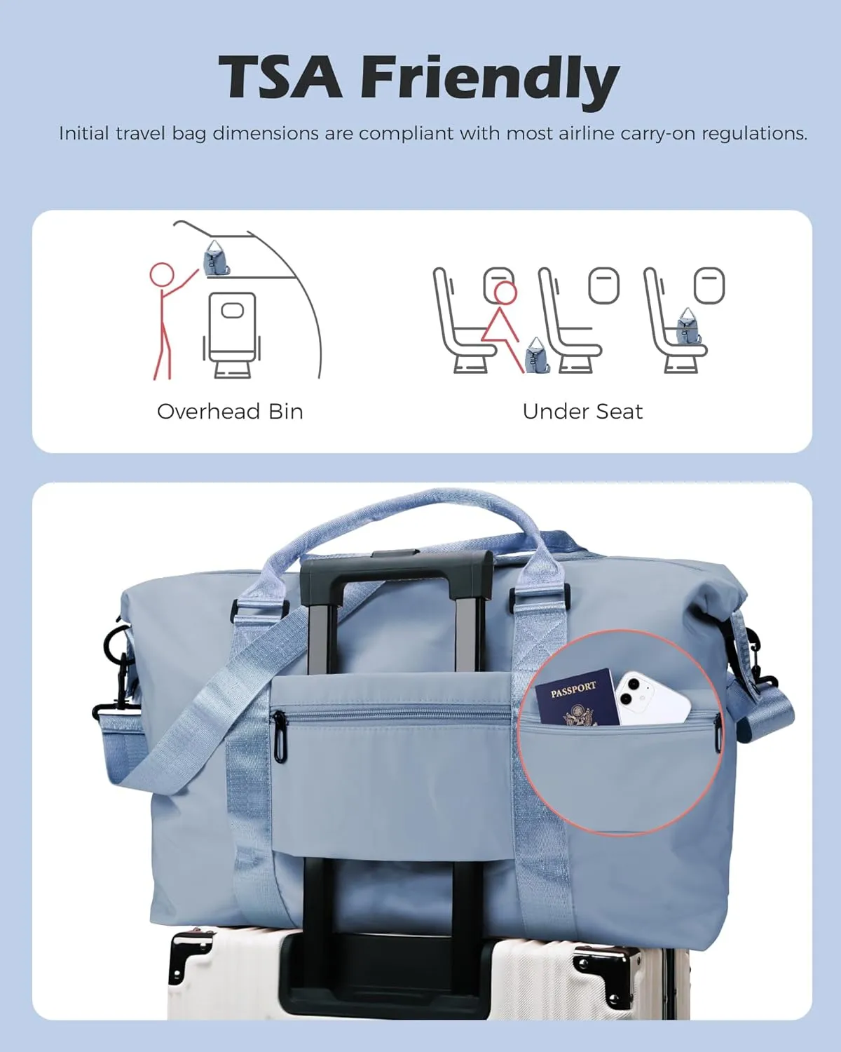 Initial Travel Duffel Bag, Sports Gym Bag, Personalized Weekender Bag with Shoulder Strap, Graduation Gift Monogram Overnight Bag for Women with Trolley Sleeve & Wet Pocket, Jewelblue