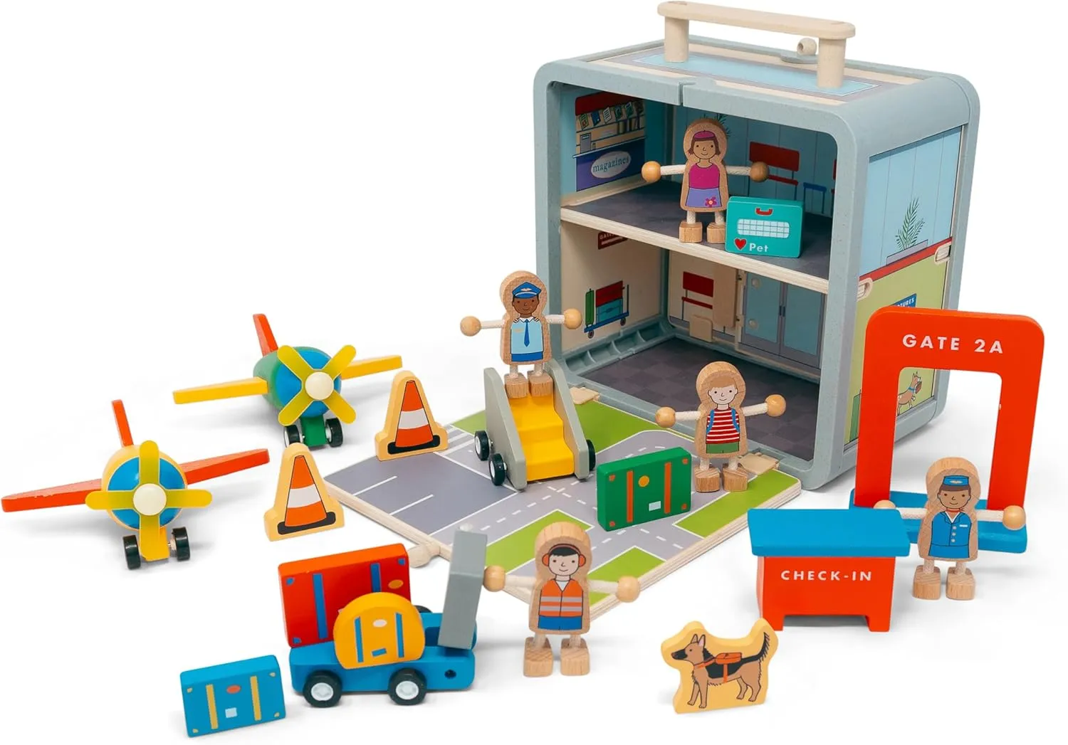 Jack Rabbit Creations- Airport Suitcase Playset- 19 Piece Portable Wooden Toy Set for Ages 3 - FSC-Certified, Non-Toxic Paints and Travel Friendly Design