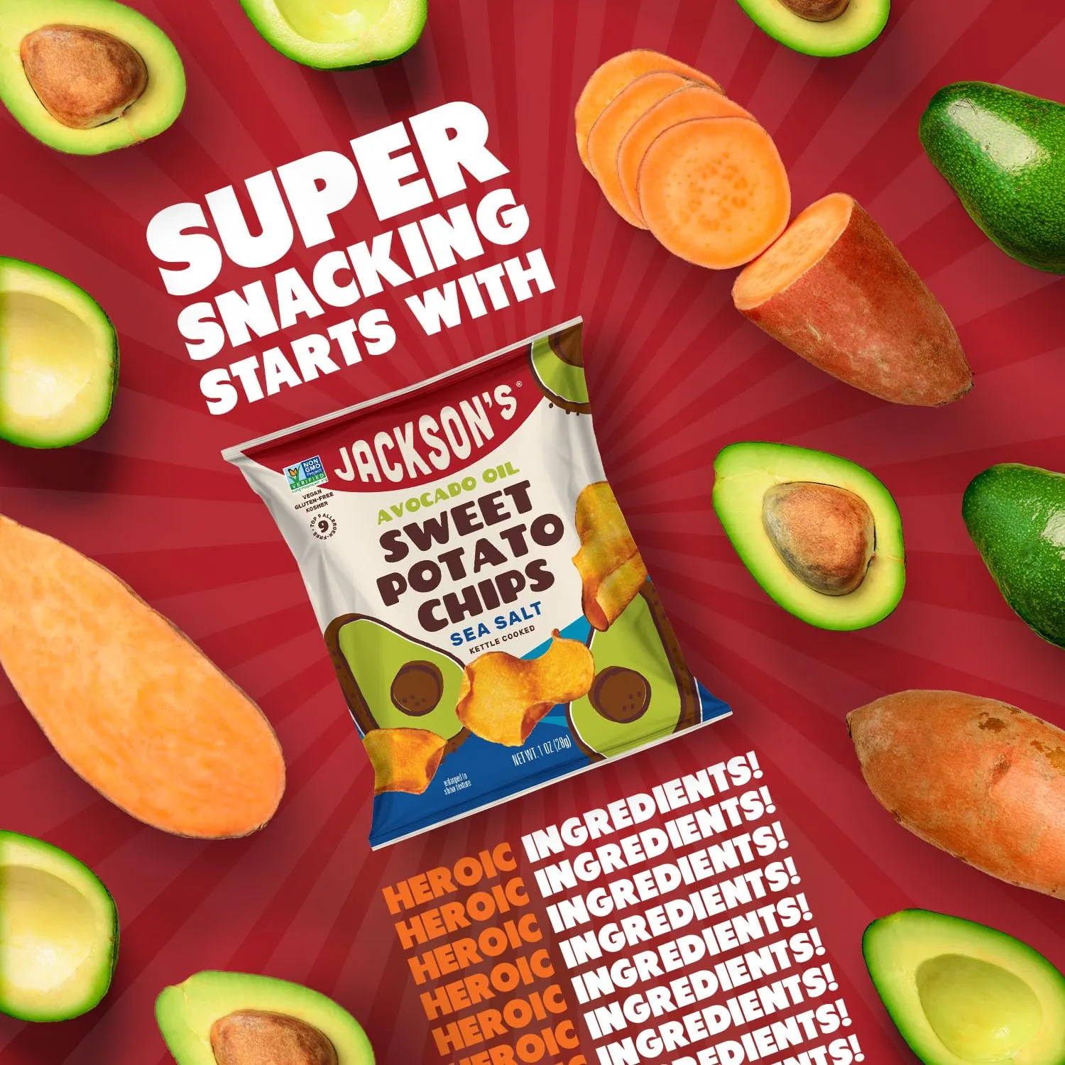 Jackson’s Sweet Potato Kettle Chips with Sea Salt made with Premium Avocado Oil (1 oz, Pack of 15) - Allergen-friendly, Gluten Free, Peanut Free, Vegan, Paleo Friendly - Shark Tank Product