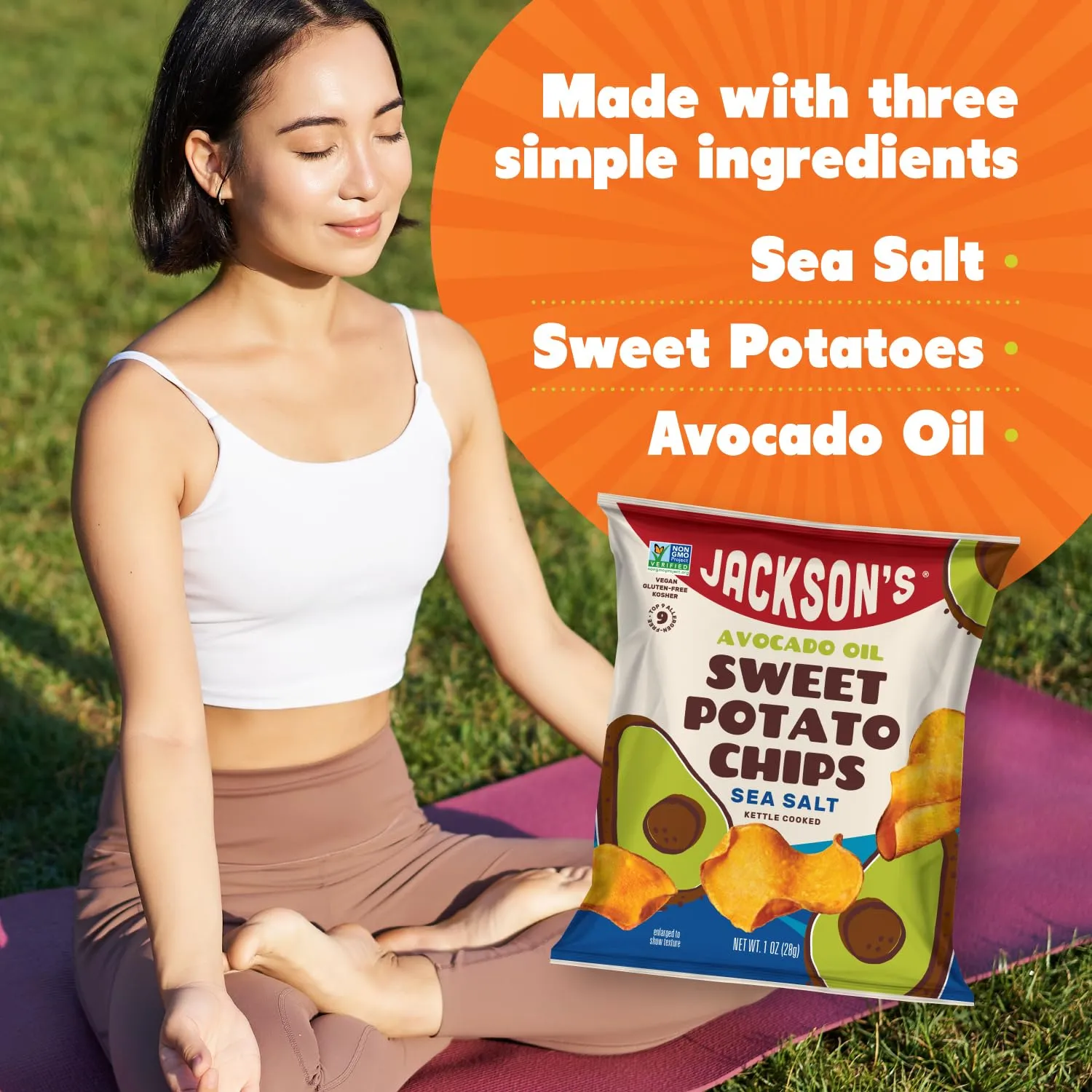 Jackson’s Sweet Potato Kettle Chips with Sea Salt made with Premium Avocado Oil (1 oz, Pack of 15) - Allergen-friendly, Gluten Free, Peanut Free, Vegan, Paleo Friendly - Shark Tank Product