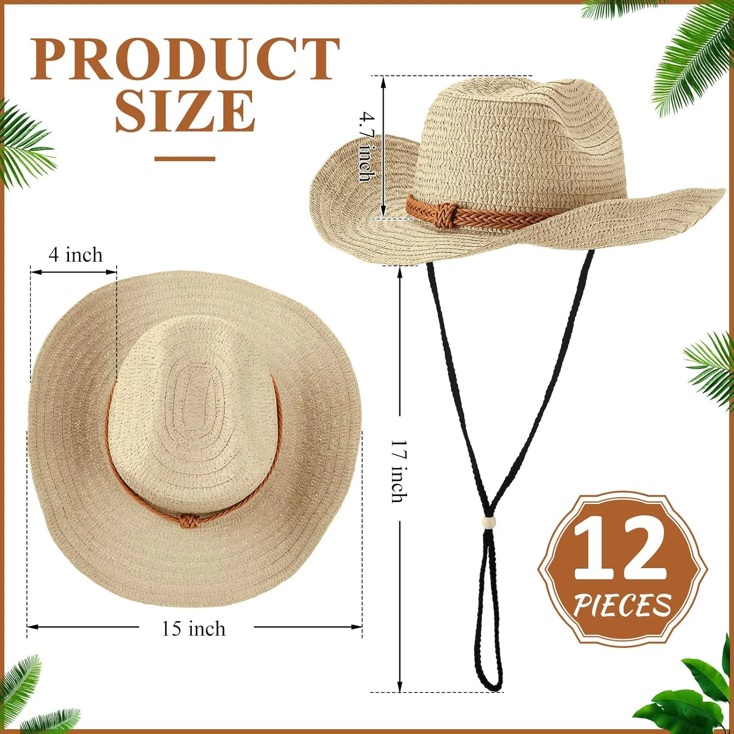 JaGely 12 Pcs Straw Cowboy Hat for Men Women Western Party Sun Protection Wide Brim Cowgirl for Summer Camping Garden Yard