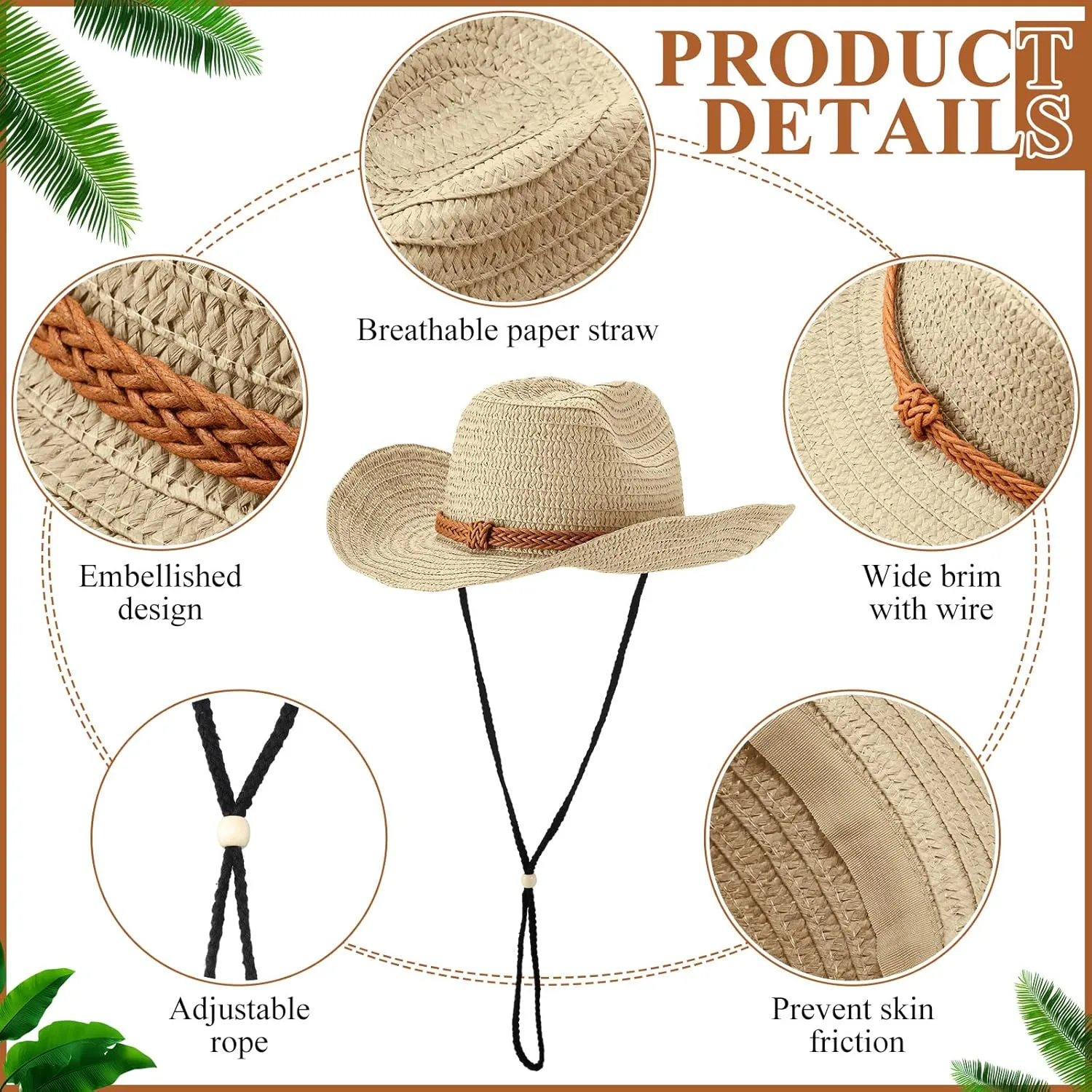 JaGely 12 Pcs Straw Cowboy Hat for Men Women Western Party Sun Protection Wide Brim Cowgirl for Summer Camping Garden Yard