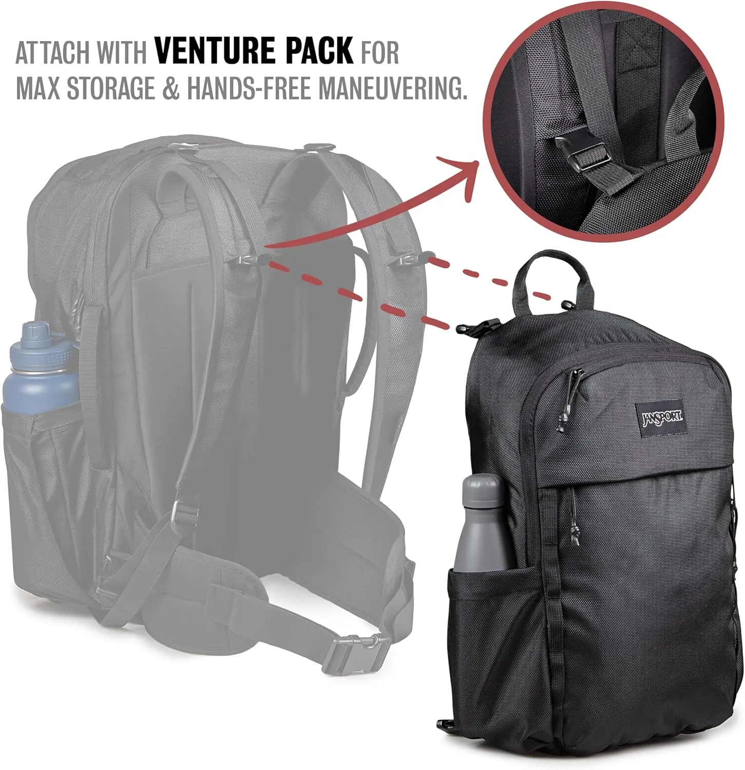 JanSport Venture Pack – Travel Pack With Large Main Compartment with Compression Straps, Dual Water Bottle Pockets, Padded Hip Belt & Luggage Trolley Pass-Through, Black