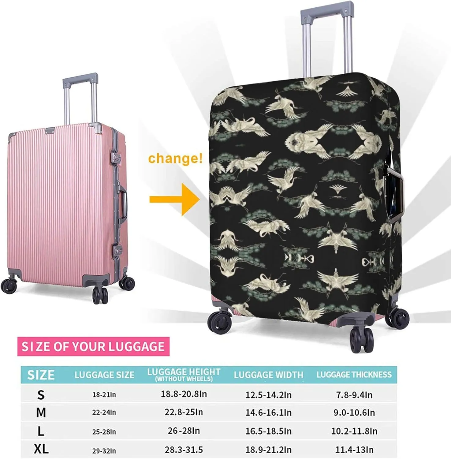 Japanese Crane & Pine Print Luggage Cover For Suitcases, Elastic Travel Bag For Luggage, Stylish Design