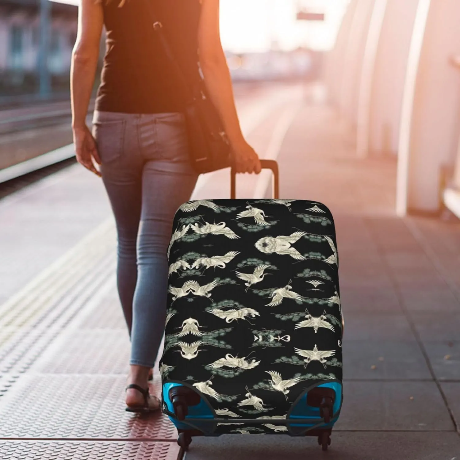 Japanese Crane & Pine Print Luggage Cover For Suitcases, Elastic Travel Bag For Luggage, Stylish Design