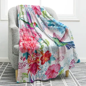 Jekeno Hummingbird Floral Blanket Bird Colorful Flowers Print Gifts for Women Kids Girls Mom Bedroom Living Room Birthday Mother's Day Decor Soft Cozy Plush Throw Blanket 50"x60"