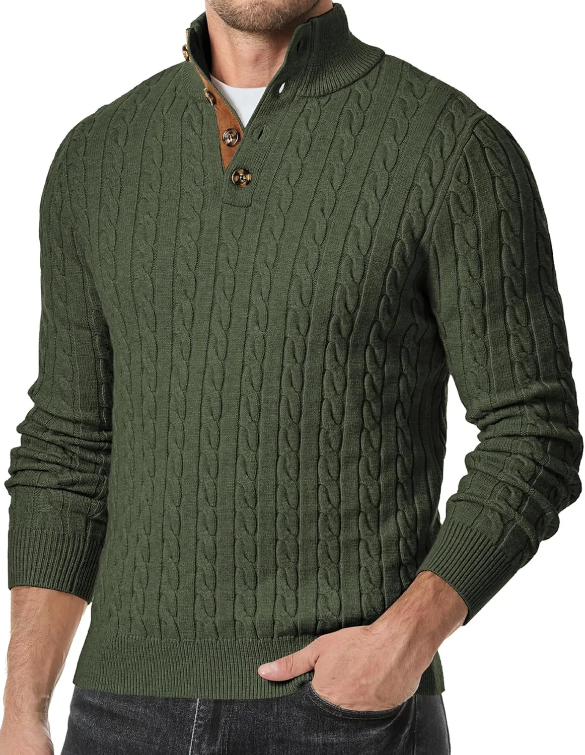 JMIERR Men's Cable Knit Pullover Sweater Casual Long Sleeve Stand Collar Button Knitted Sweaters