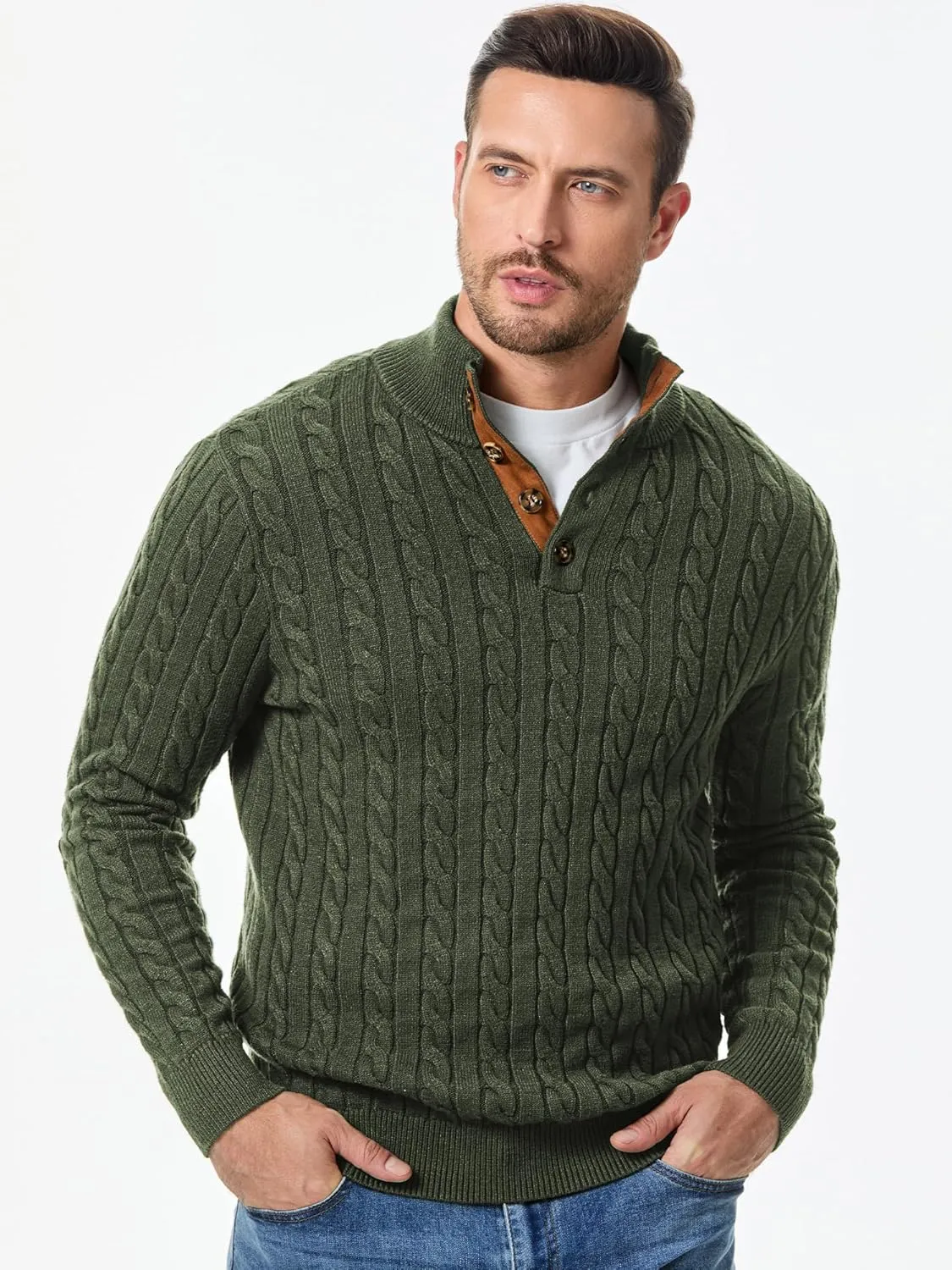 JMIERR Men's Cable Knit Pullover Sweater Casual Long Sleeve Stand Collar Button Knitted Sweaters