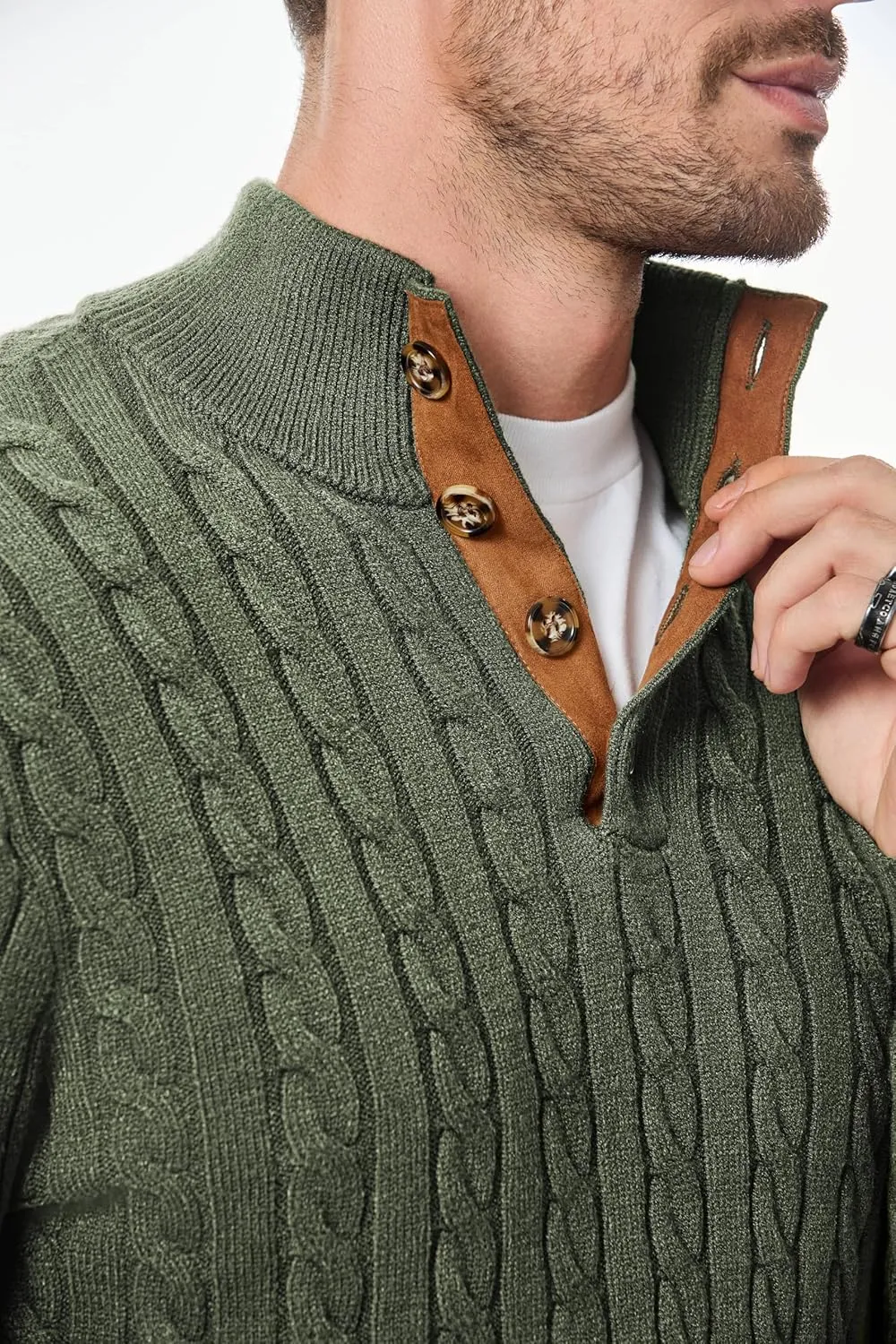 JMIERR Men's Cable Knit Pullover Sweater Casual Long Sleeve Stand Collar Button Knitted Sweaters