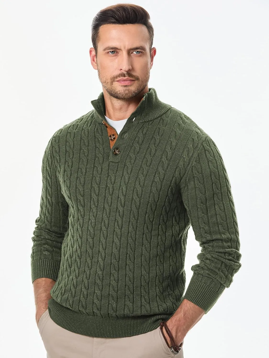 JMIERR Men's Cable Knit Pullover Sweater Casual Long Sleeve Stand Collar Button Knitted Sweaters
