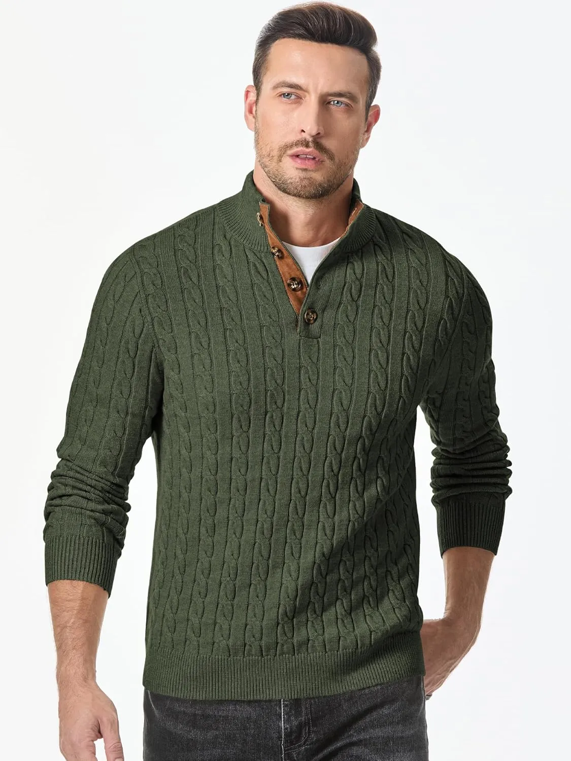 JMIERR Men's Cable Knit Pullover Sweater Casual Long Sleeve Stand Collar Button Knitted Sweaters