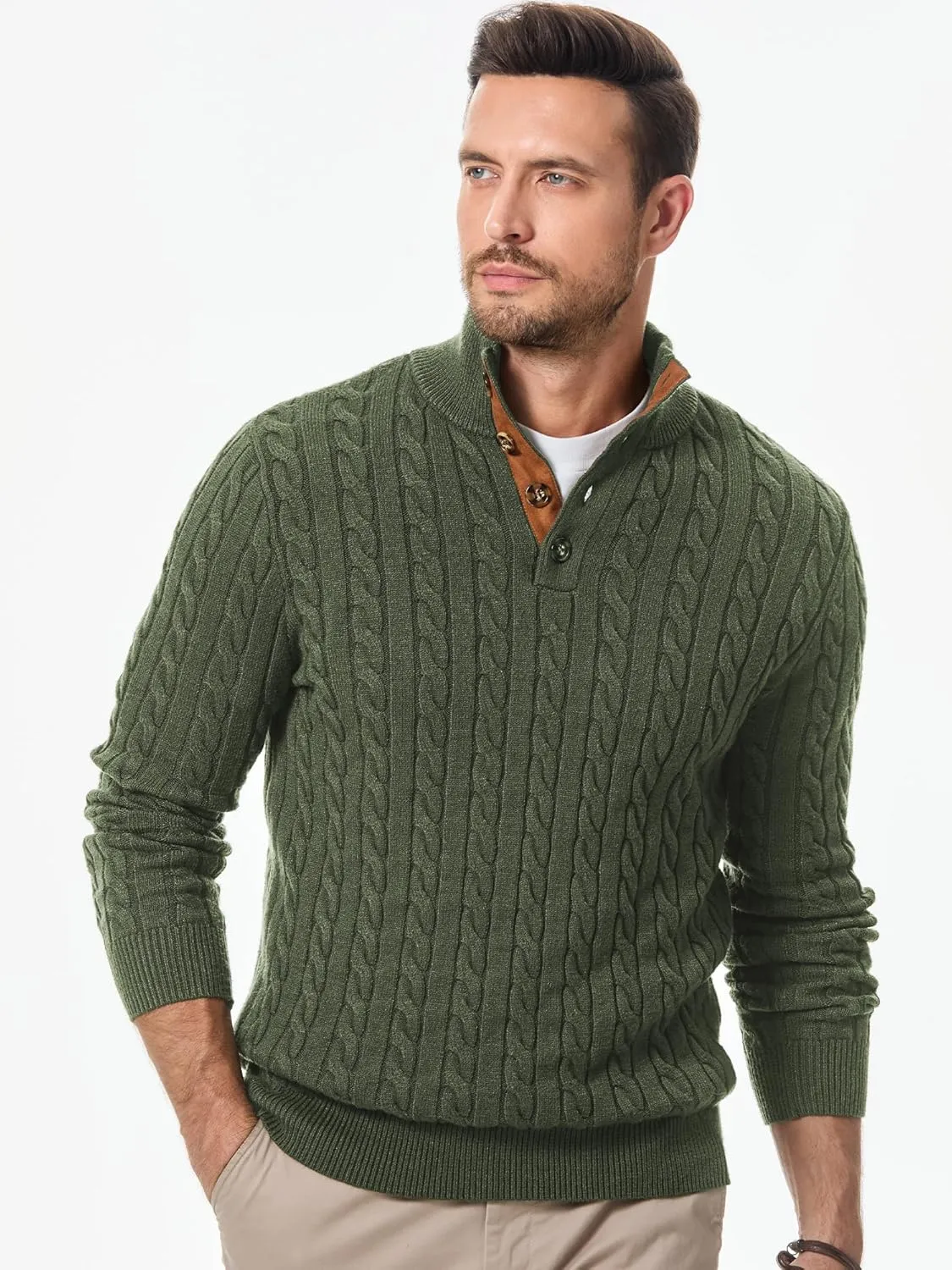 JMIERR Men's Cable Knit Pullover Sweater Casual Long Sleeve Stand Collar Button Knitted Sweaters
