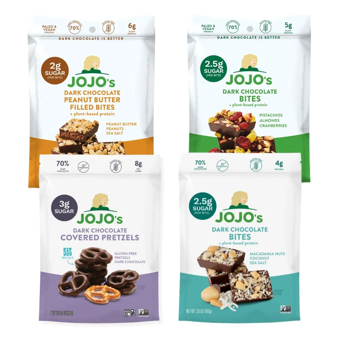JOJO's Dark Chocolate Variety Pack, Healthy Snack, Low Sugar, Low Carb, Gluten Free, Non GMO, Paleo & Keto Friendly, Made with Plant Based Hemp Protein, Vegan (4 Count)