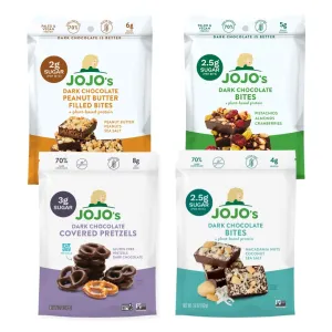 JOJO's Dark Chocolate Variety Pack, Healthy Snack, Low Sugar, Low Carb, Gluten Free, Non GMO, Paleo & Keto Friendly, Made with Plant Based Hemp Protein, Vegan (4 Count)