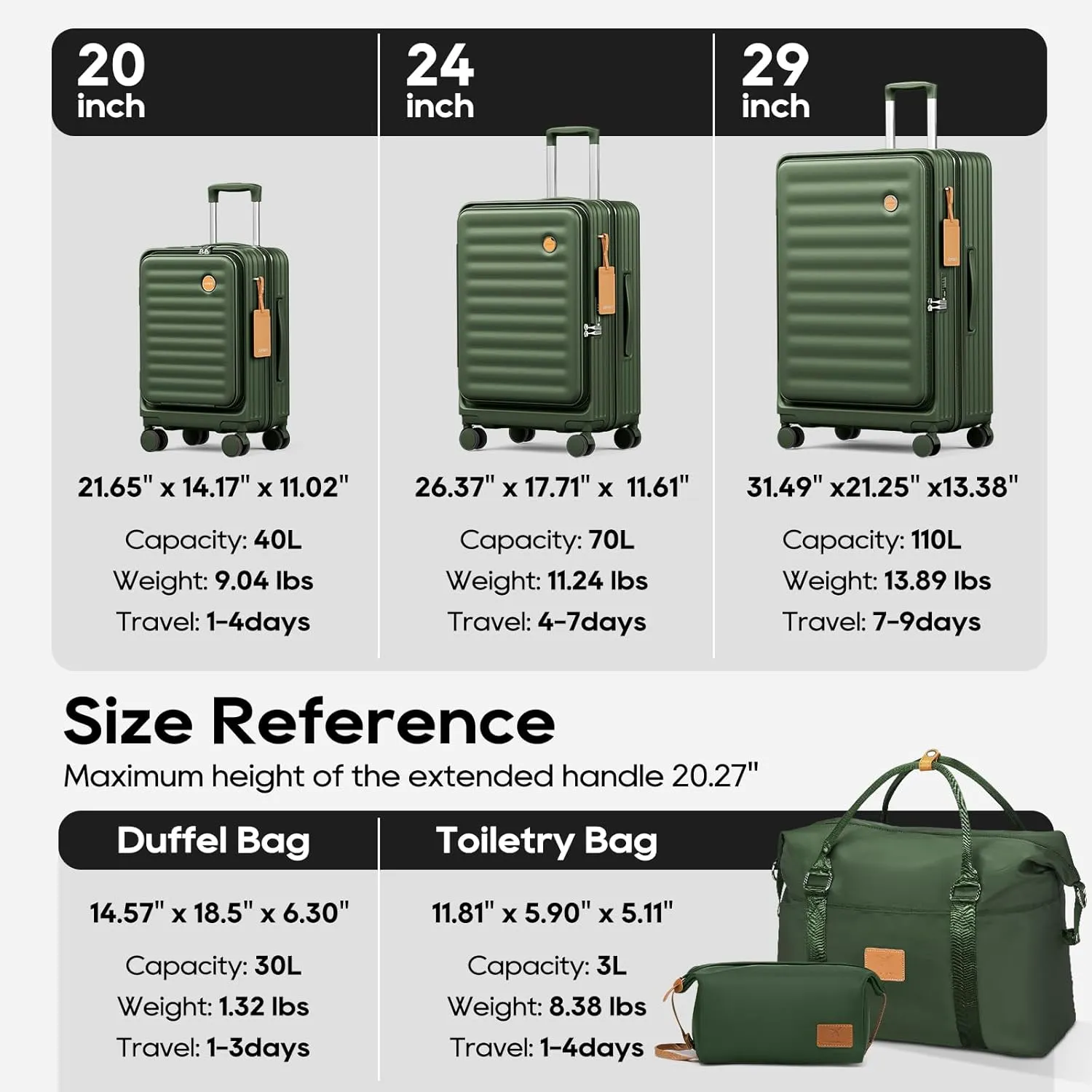 Joyway Expandable Checked Luggage 24 Inch, PC Hardshell Medium Check In Suitcase with Double Spinner Wheels, Lightweight Travel Luggage Sets with TSA Lock, Dark Green