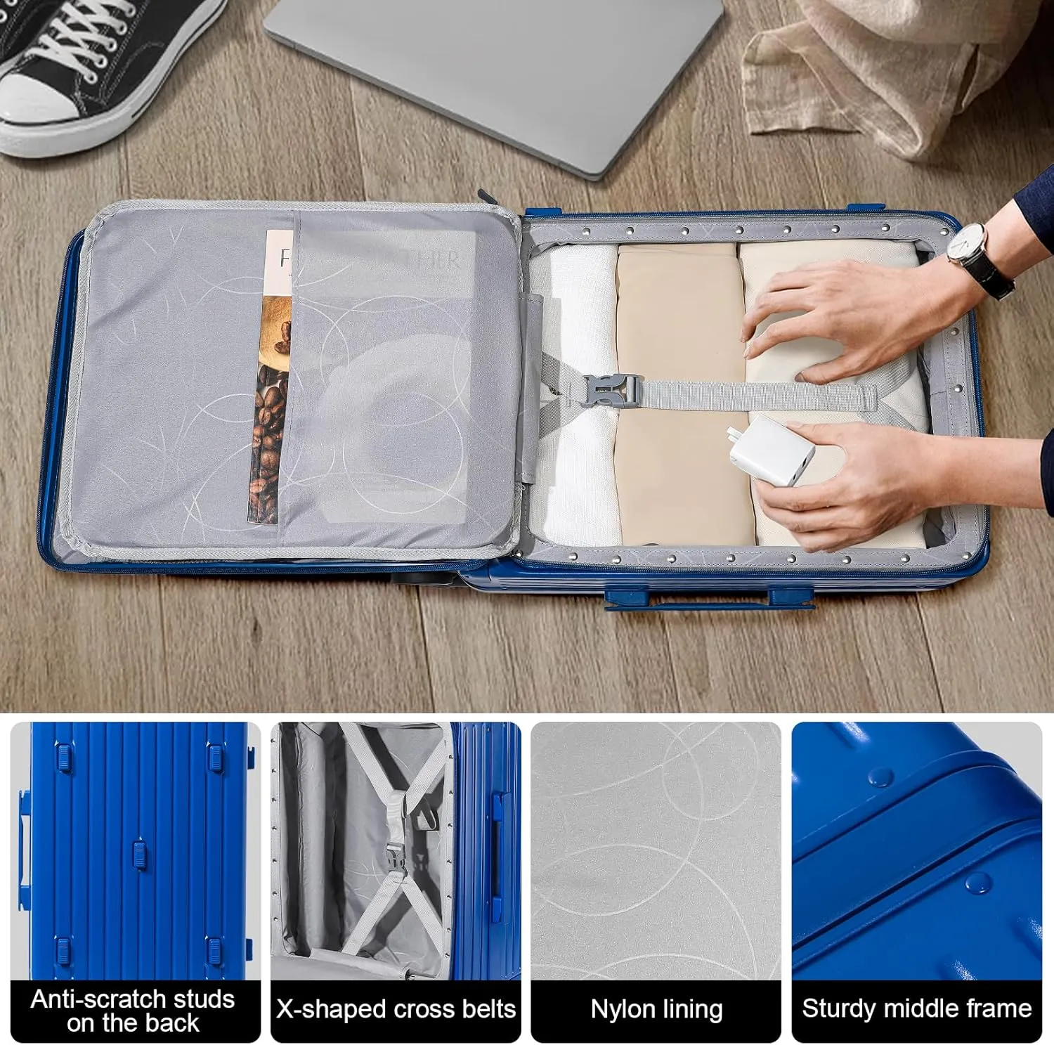 Joyway Hardshell Carry on Luggage Airline Approved with Front Pocket, Lightweight Hardside 20 Inch Suitcase with Spinner Wheels and TSA Lock (Blue, Carry on Luggage-20 Inch)