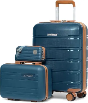 Joyway Luggage Carry On 20inch Lightweight Polypropylene Carrying Case with TSA Lock, Rigid Suitcases Sets with Swivel Wheels,14inch Cosmetic Bag and 7inch Toiletry Dark Blue
