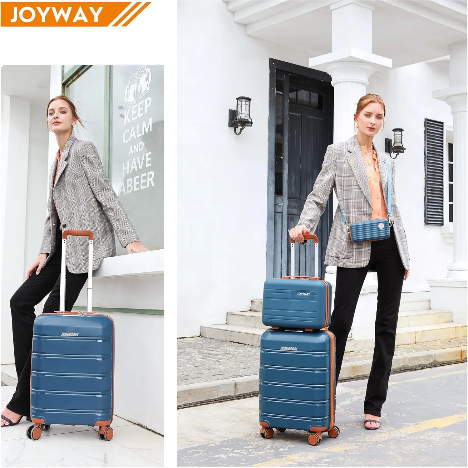 Joyway Luggage Carry On 20inch Lightweight Polypropylene Carrying Case with TSA Lock, Rigid Suitcases Sets with Swivel Wheels,14inch Cosmetic Bag and 7inch Toiletry Dark Blue