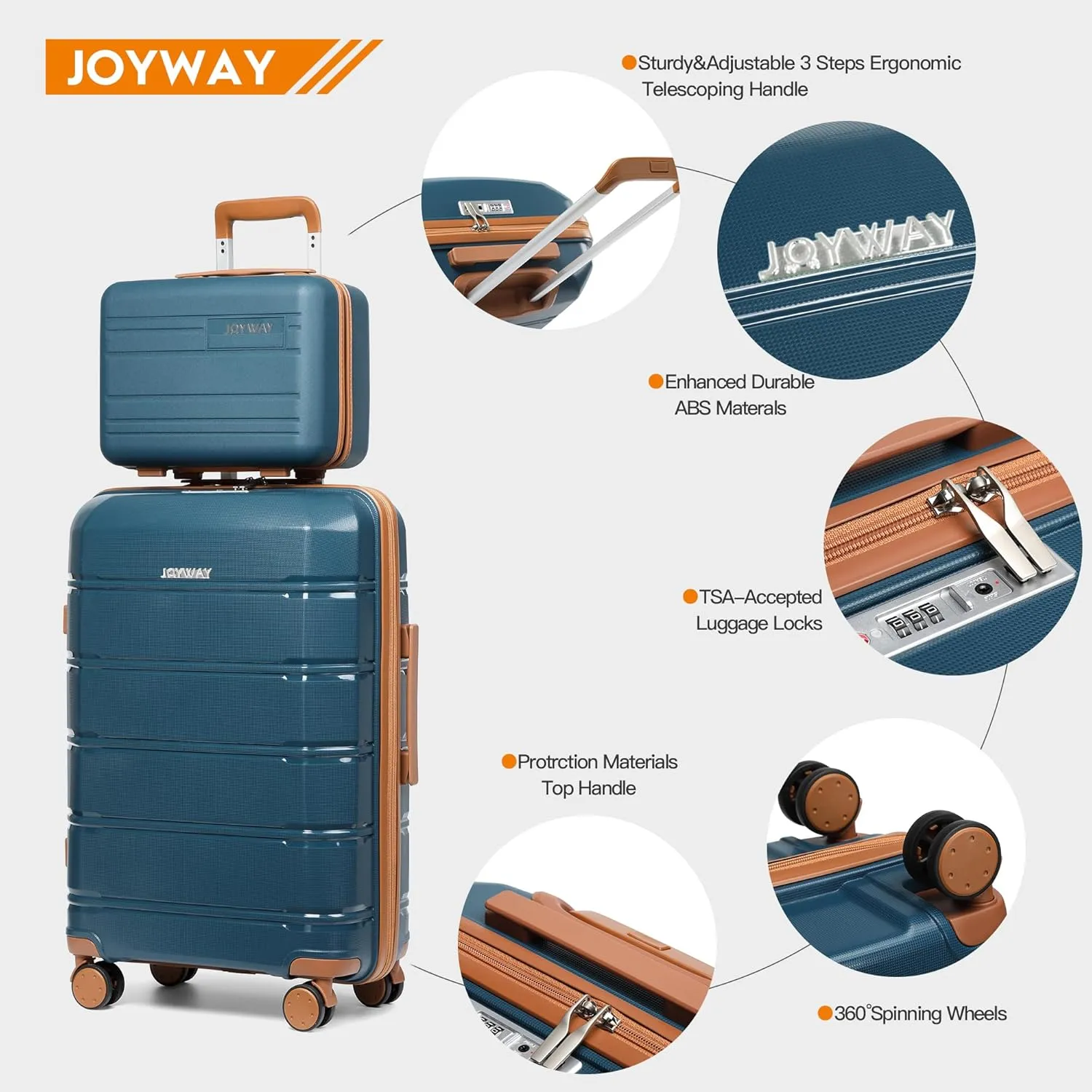 Joyway Luggage Carry On 20inch Lightweight Polypropylene Carrying Case with TSA Lock, Rigid Suitcases Sets with Swivel Wheels,14inch Cosmetic Bag and 7inch Toiletry Dark Blue