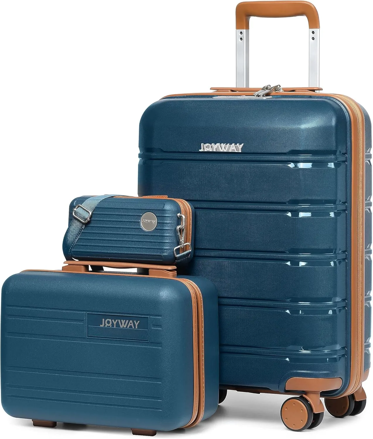 Joyway Luggage Carry On 20inch Lightweight Polypropylene Carrying Case with TSA Lock, Rigid Suitcases Sets with Swivel Wheels,14inch Cosmetic Bag and 7inch Toiletry Dark Blue
