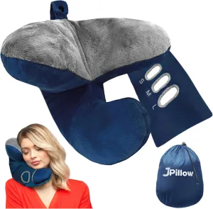 JPillow Travel Pillow for Airplanes - British Invention of The Year - Upgraded with Patented Anti-Slip Scarf - Unique Chin Support - Neck Pillow for Travel - Flight Pillow - Blue/Gray