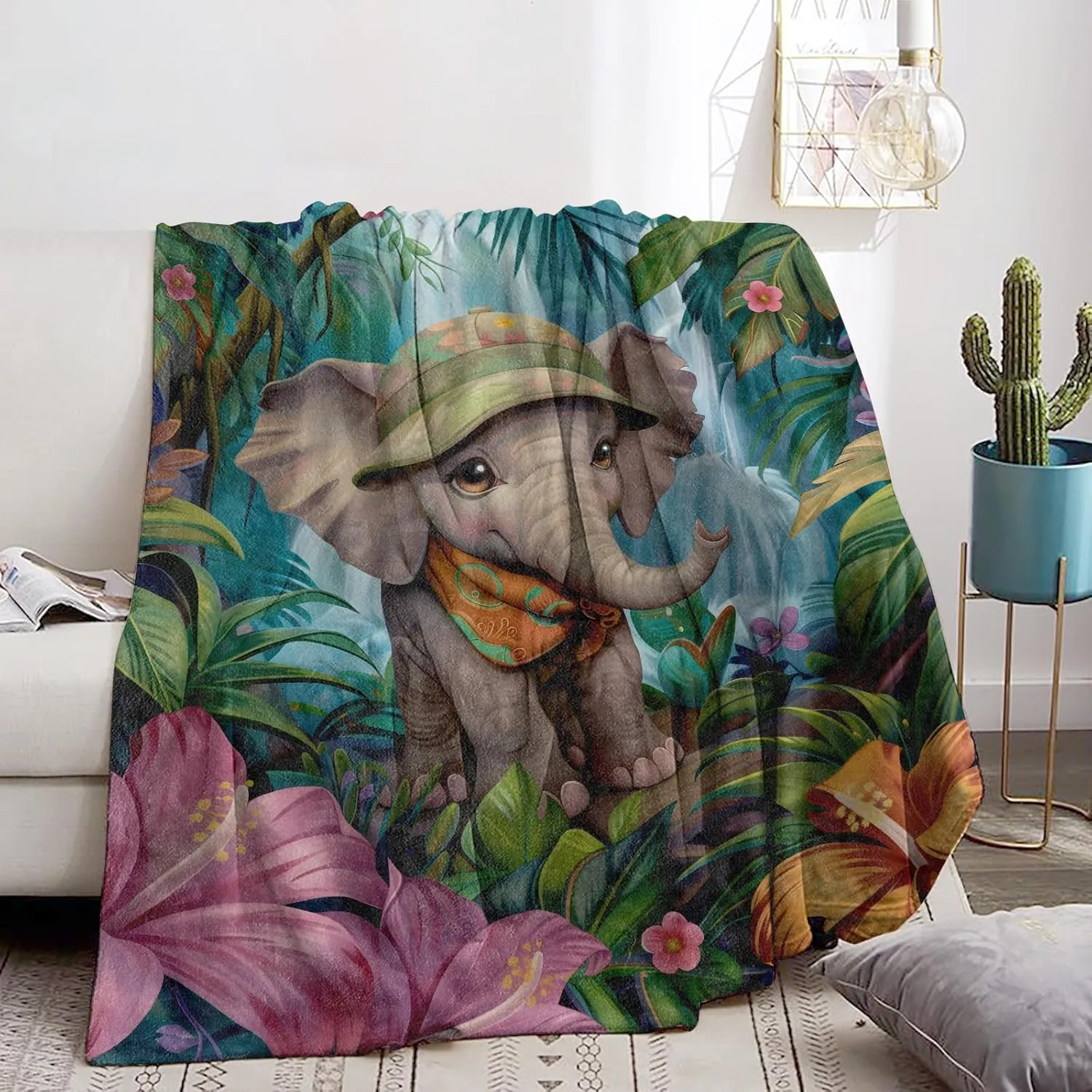 Jungle Wildlife Elephant Blanket - Ultra Soft & Cozy Flannel Tropical Throw Blankets, Lightweight, Warm & Fuzzy - Perfect for Couch, Bed, Travel & Outdoor Use - for Men Women Adults 50"×40"