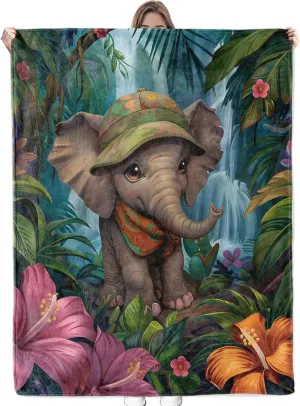 Jungle Wildlife Elephant Blanket - Ultra Soft & Cozy Flannel Tropical Throw Blankets, Lightweight, Warm & Fuzzy - Perfect for Couch, Bed, Travel & Outdoor Use - for Men Women Adults 50"×40"