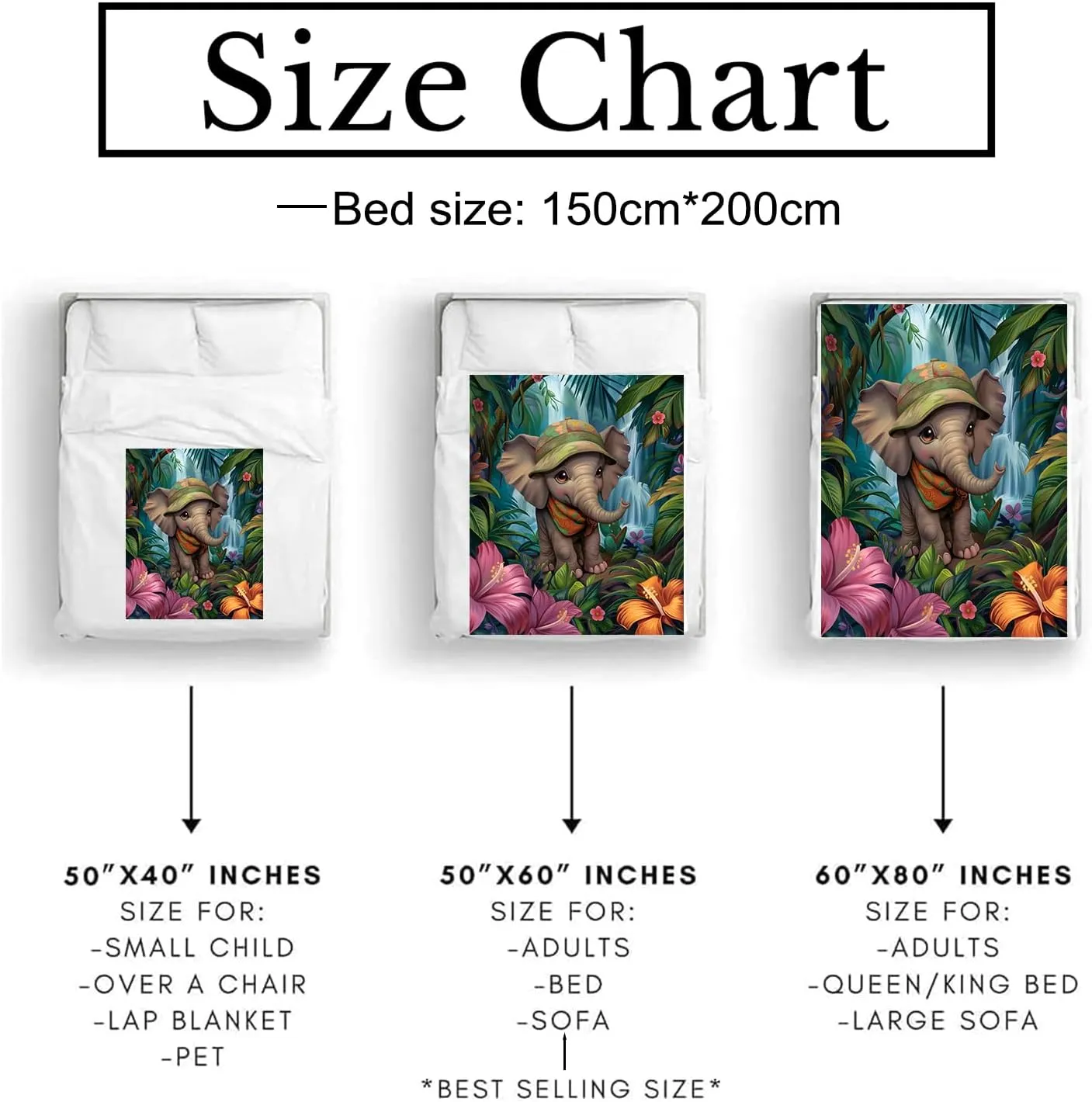Jungle Wildlife Elephant Blanket - Ultra Soft & Cozy Flannel Tropical Throw Blankets, Lightweight, Warm & Fuzzy - Perfect for Couch, Bed, Travel & Outdoor Use - for Men Women Adults 50"×40"