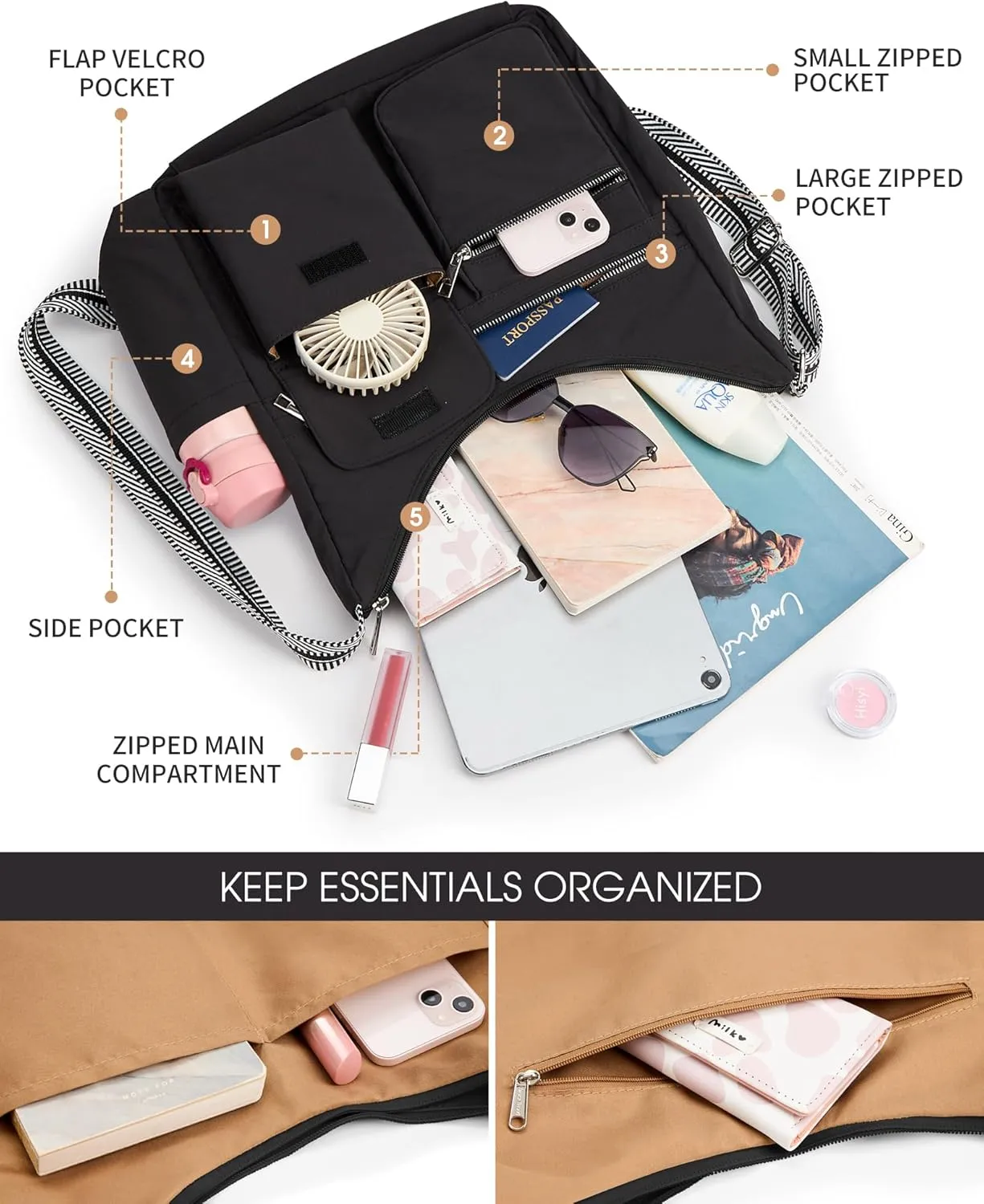 KALIDI Nylon Crossbody Bags for Women Trendy Cross Body Purse with Multiple Pockets For Ladies Casual Work Travel