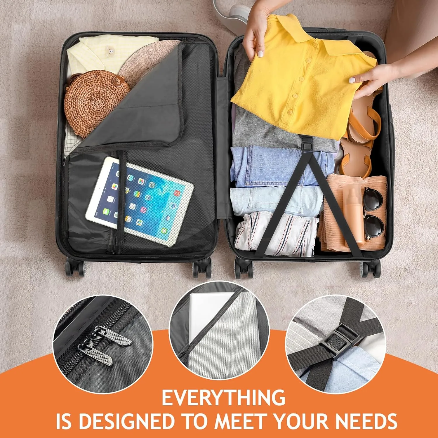 Karl home 3-Piece Luggage Set Travel Lightweight Suitcases with Rolling Wheels, TSA lock & Moulded Corner, Carry on Luggages for Business, Trip, Orange (20"/24"/28")
