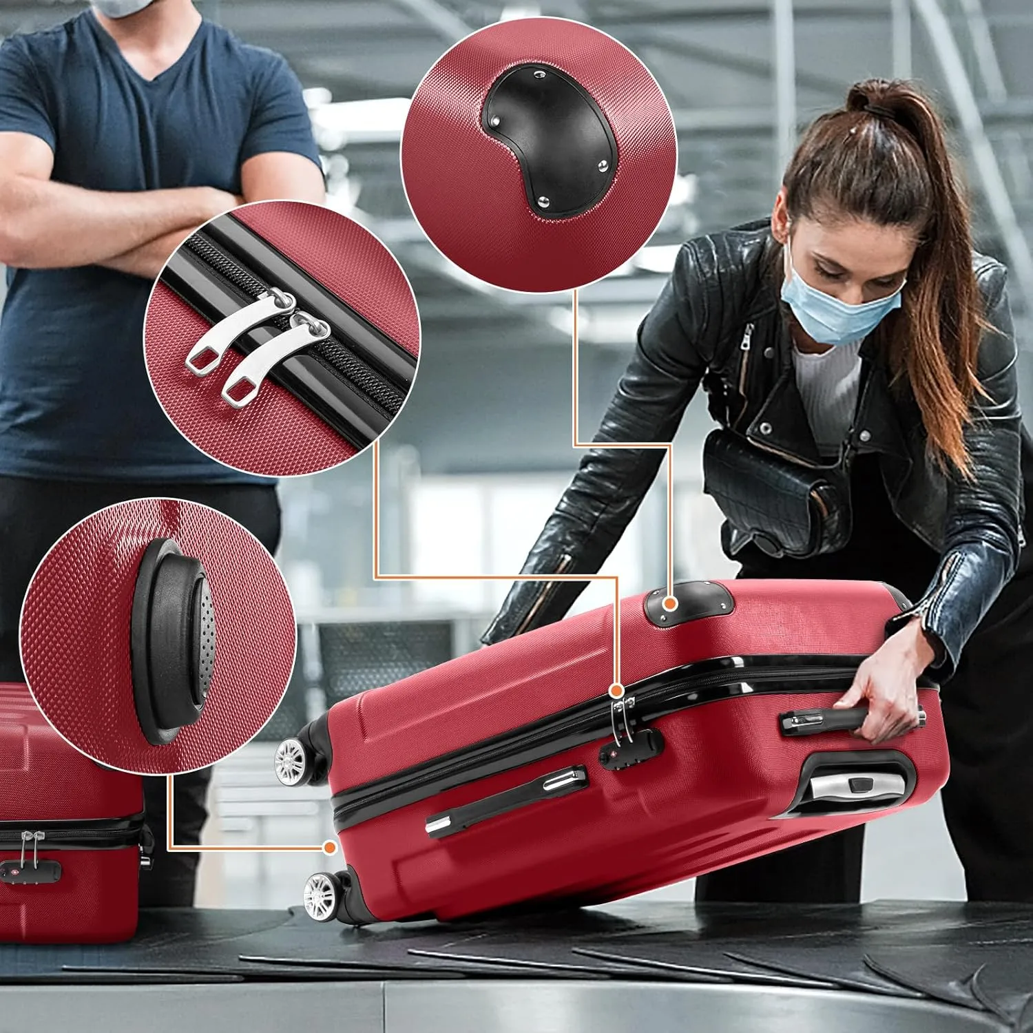 Karl home 3-Piece Luggage Set Travel Lightweight Suitcases with Rolling Wheels, TSA lock & Moulded Corner, Carry on Luggages for Business, Trip, Wine Red (20"/24"/28")