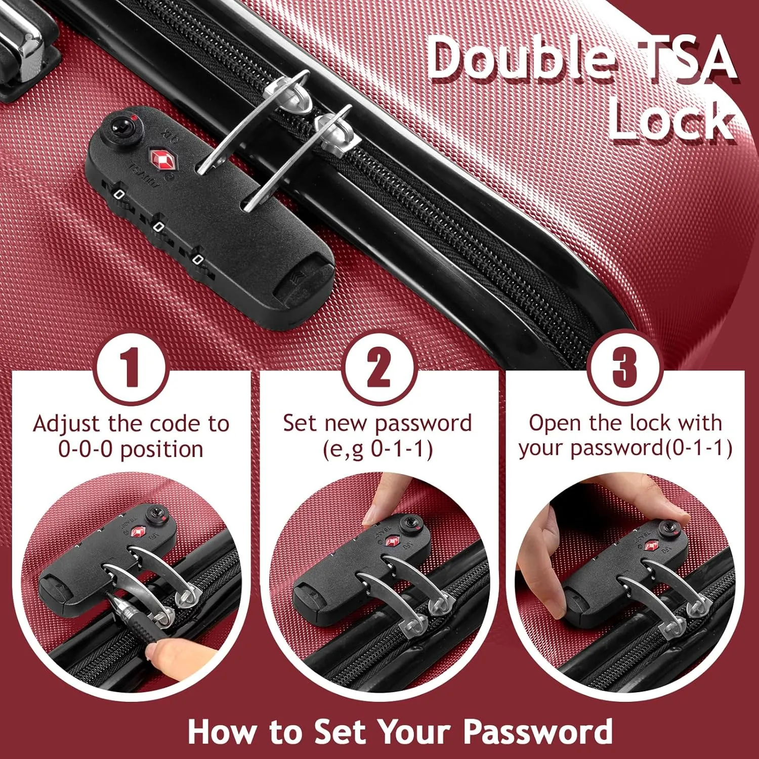 Karl home 3-Piece Luggage Set Travel Lightweight Suitcases with Rolling Wheels, TSA lock & Moulded Corner, Carry on Luggages for Business, Trip, Wine Red (20"/24"/28")