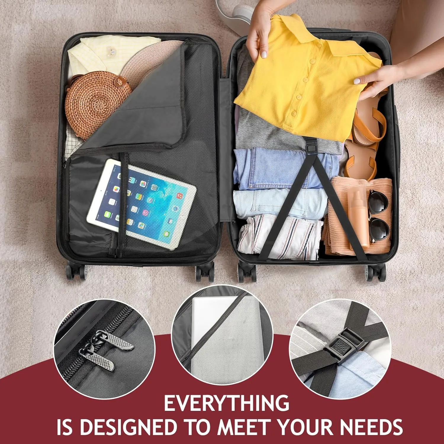 Karl home 3-Piece Luggage Set Travel Lightweight Suitcases with Rolling Wheels, TSA lock & Moulded Corner, Carry on Luggages for Business, Trip, Wine Red (20"/24"/28")