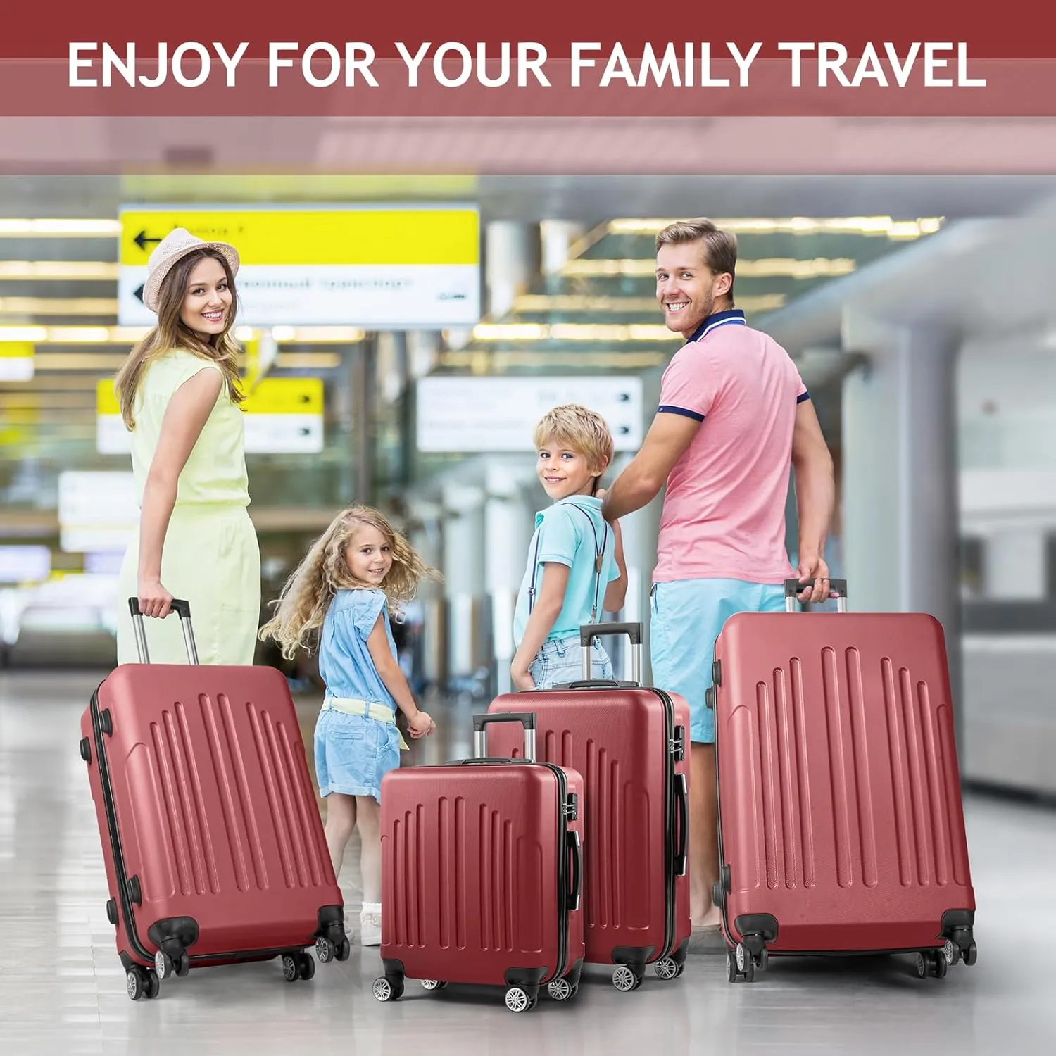 Karl home Luggage Set of 4 Hardside Suitcase Sets with TSA Lock 4 Spinner Wheels, ABS Lightweight Trolley Travel Case for Carry On Check-in Business Trip, Red (16/20/24/28)