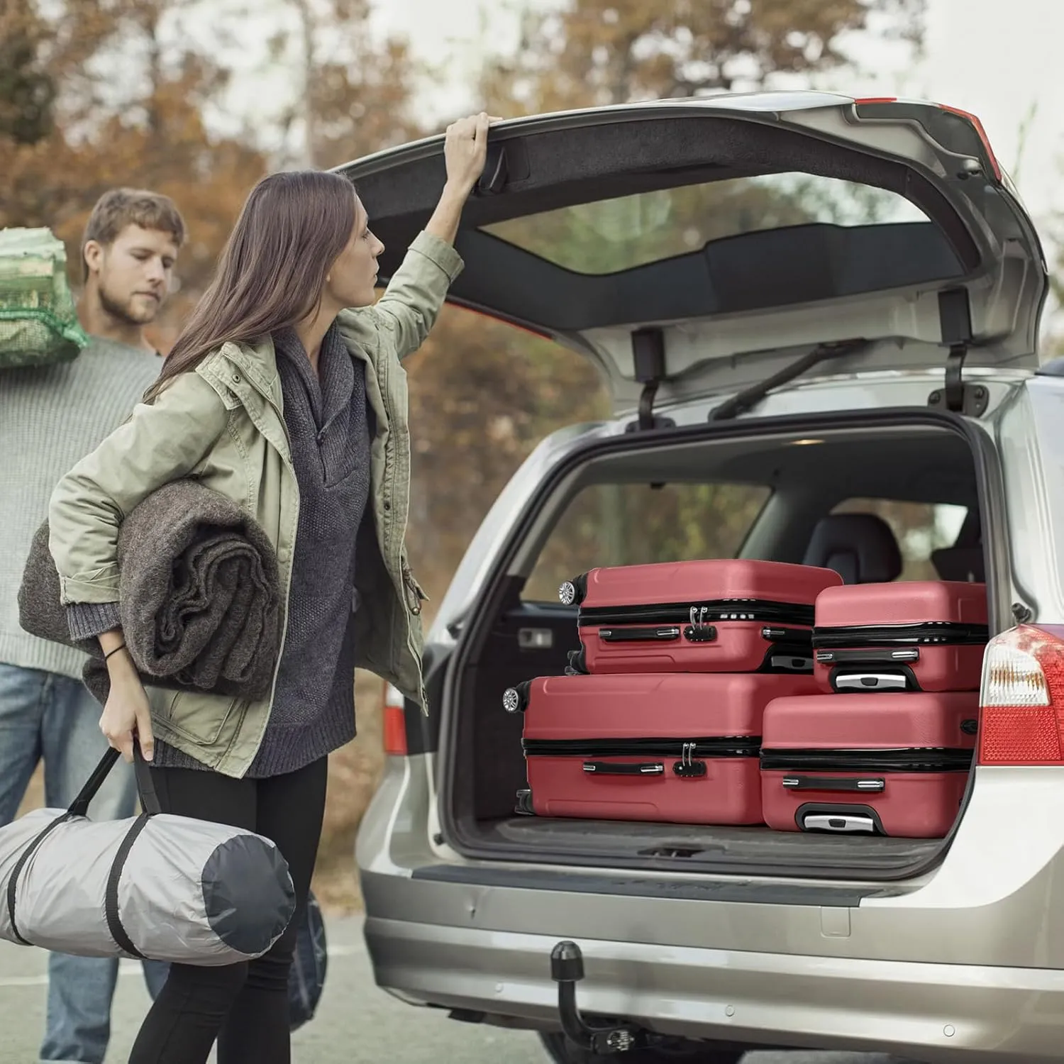 Karl home Luggage Set of 4 Hardside Suitcase Sets with TSA Lock 4 Spinner Wheels, ABS Lightweight Trolley Travel Case for Carry On Check-in Business Trip, Red (16/20/24/28)