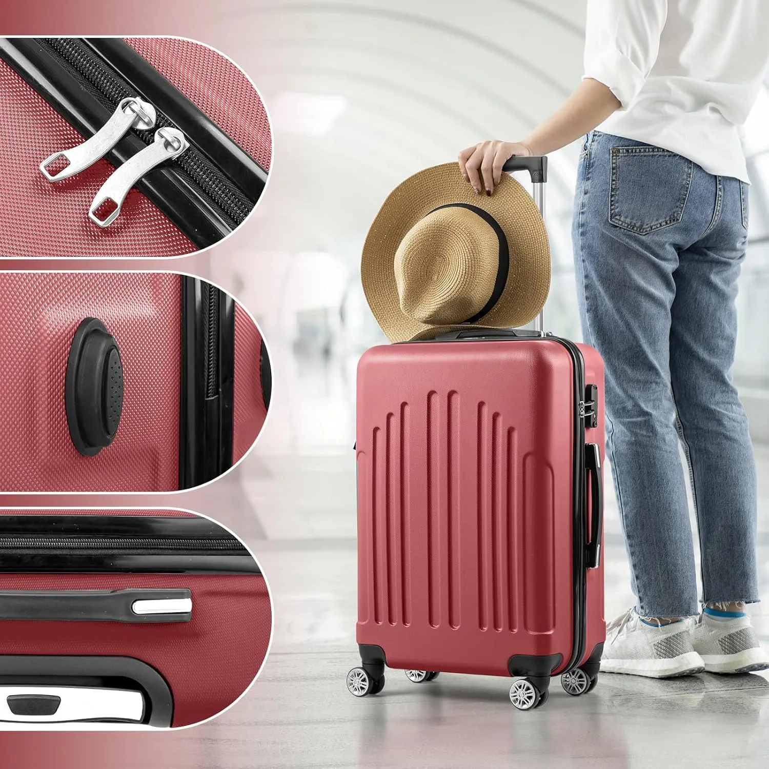 Karl home Luggage Set of 4 Hardside Suitcase Sets with TSA Lock 4 Spinner Wheels, ABS Lightweight Trolley Travel Case for Carry On Check-in Business Trip, Red (16/20/24/28)