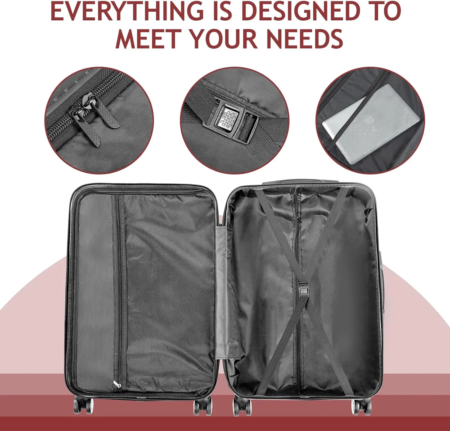 Karl home Luggage Set of 4 Hardside Suitcase Sets with TSA Lock 4 Spinner Wheels, ABS Lightweight Trolley Travel Case for Carry On Check-in Business Trip, Red (16/20/24/28)