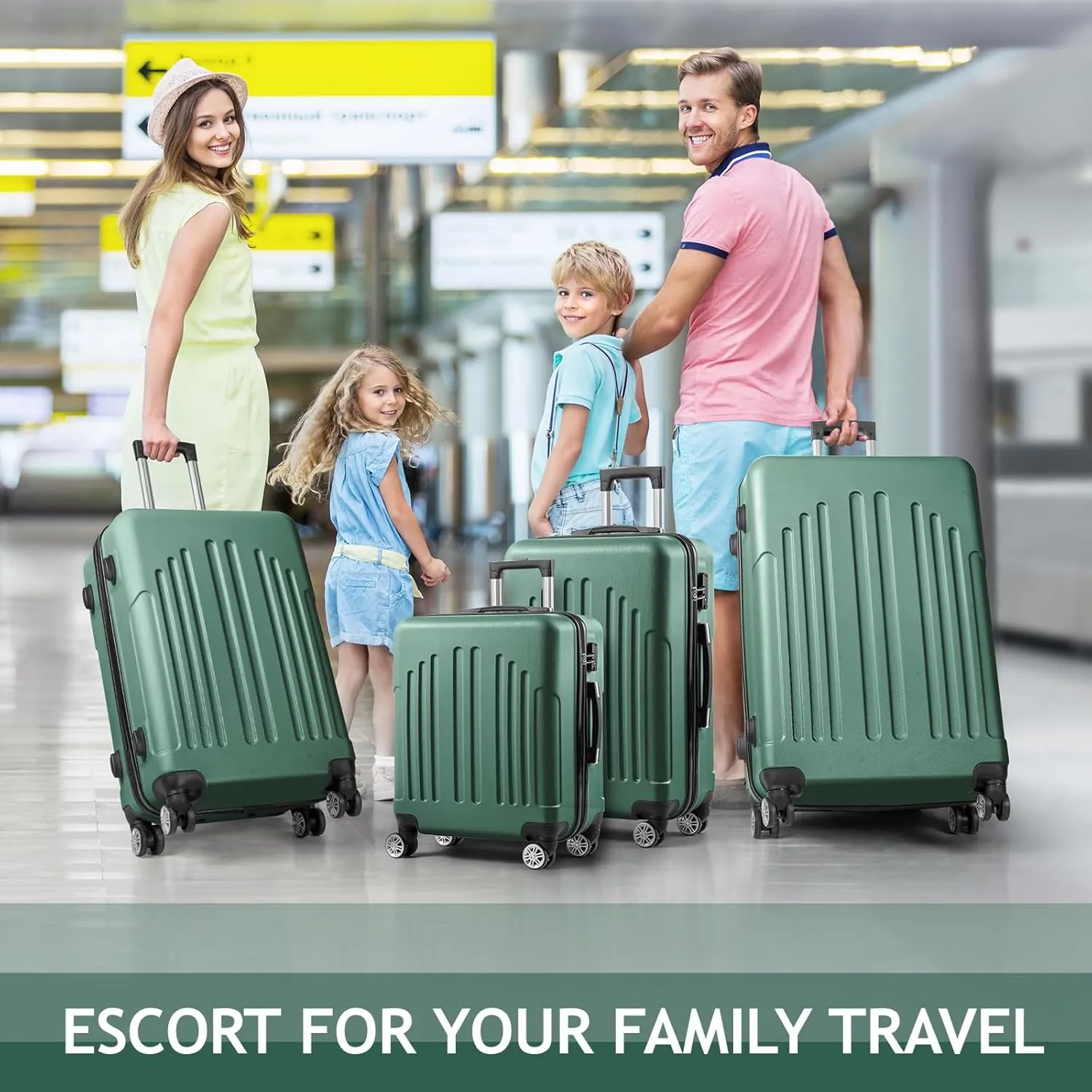 Karl home Luggage Set of 4 Hardside Suitcase Sets with TSA Lock 4 Spinner Wheels, ABS Lightweight Trolley Travel Case for Carry On Check-in Business Trip, Vintage Green (16/20/24/28)