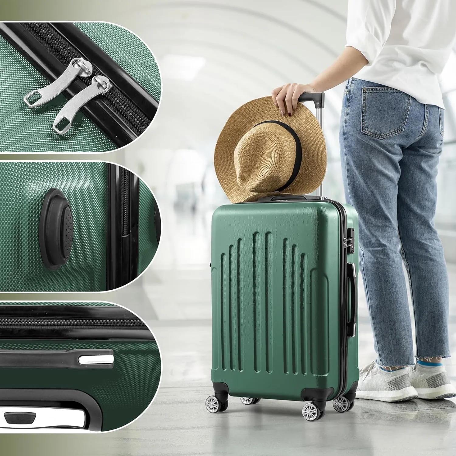 Karl home Luggage Set of 4 Hardside Suitcase Sets with TSA Lock 4 Spinner Wheels, ABS Lightweight Trolley Travel Case for Carry On Check-in Business Trip, Vintage Green (16/20/24/28)