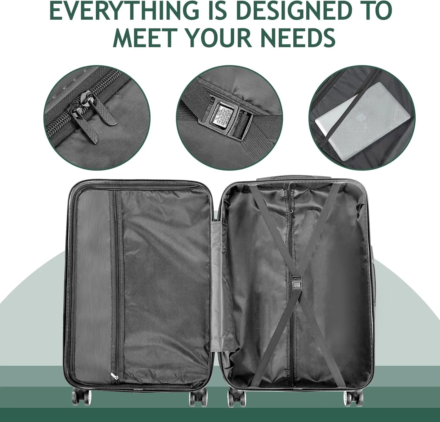 Karl home Luggage Set of 4 Hardside Suitcase Sets with TSA Lock 4 Spinner Wheels, ABS Lightweight Trolley Travel Case for Carry On Check-in Business Trip, Vintage Green (16/20/24/28)