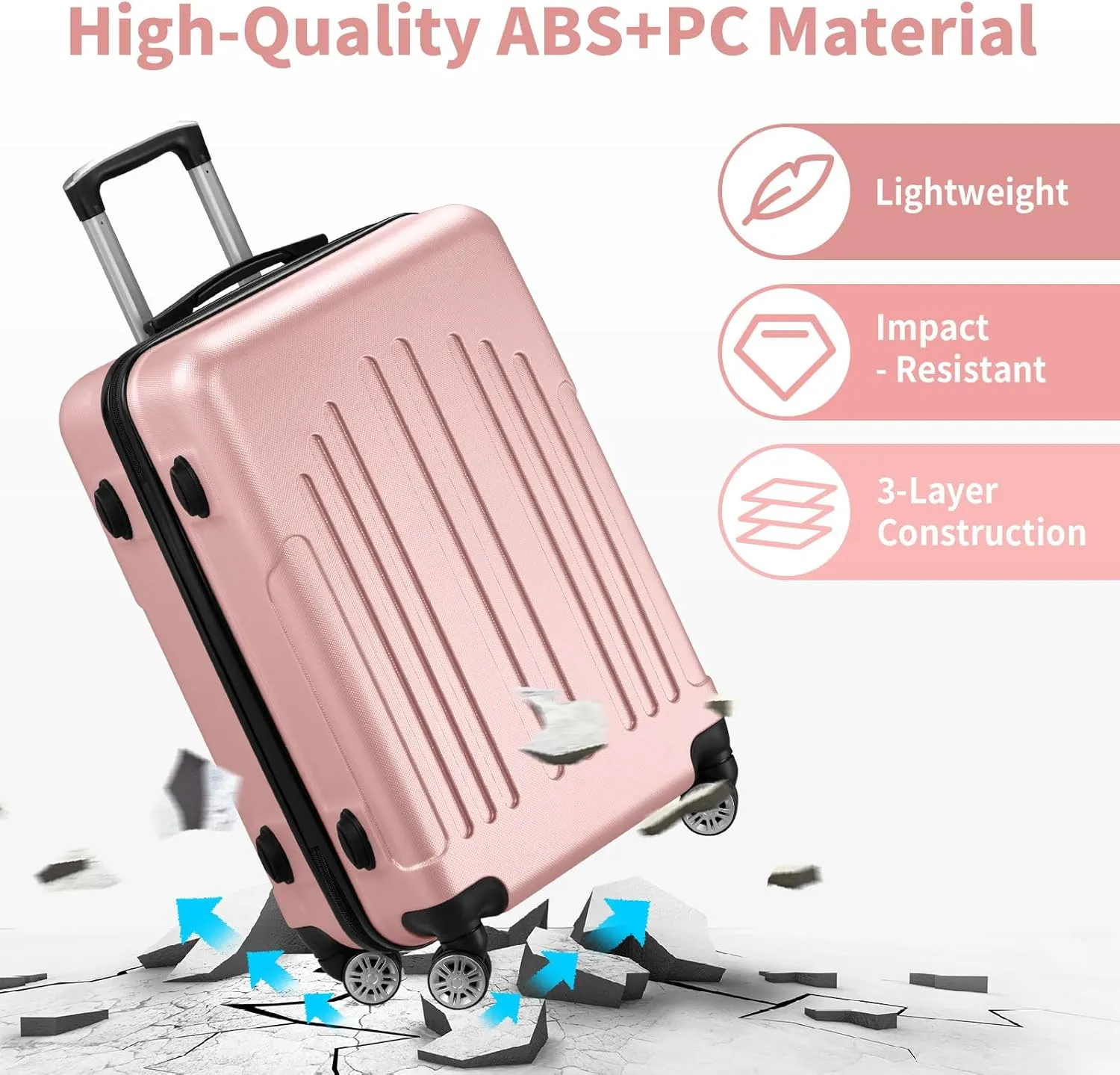 Karl home Luggage Sets 3 Piece, PC ABS Hardside Suitcase Set with Double Spinner Wheels & TSA Lock for Travel Business, 3-Piece Set (20/24/28), Light Pink