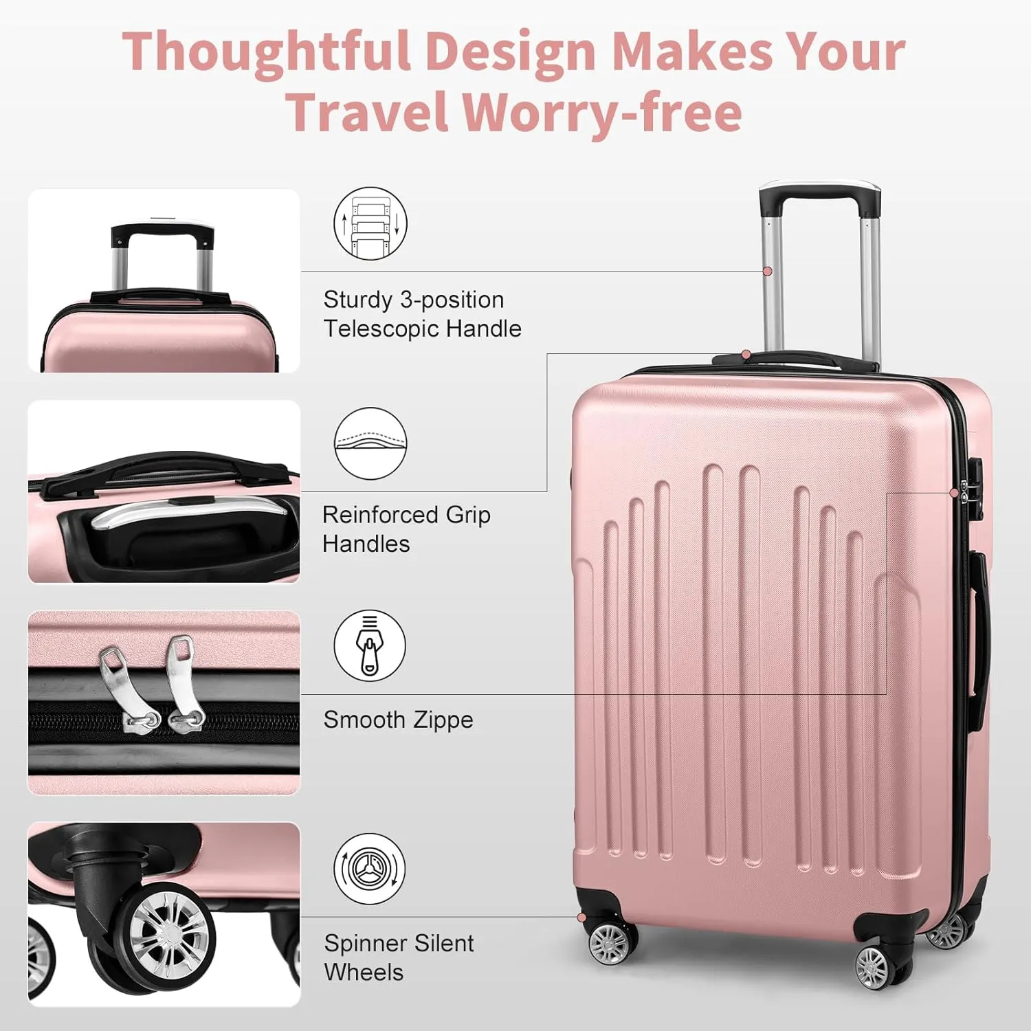 Karl home Luggage Sets 3 Piece, PC ABS Hardside Suitcase Set with Double Spinner Wheels & TSA Lock for Travel Business, 3-Piece Set (20/24/28), Light Pink